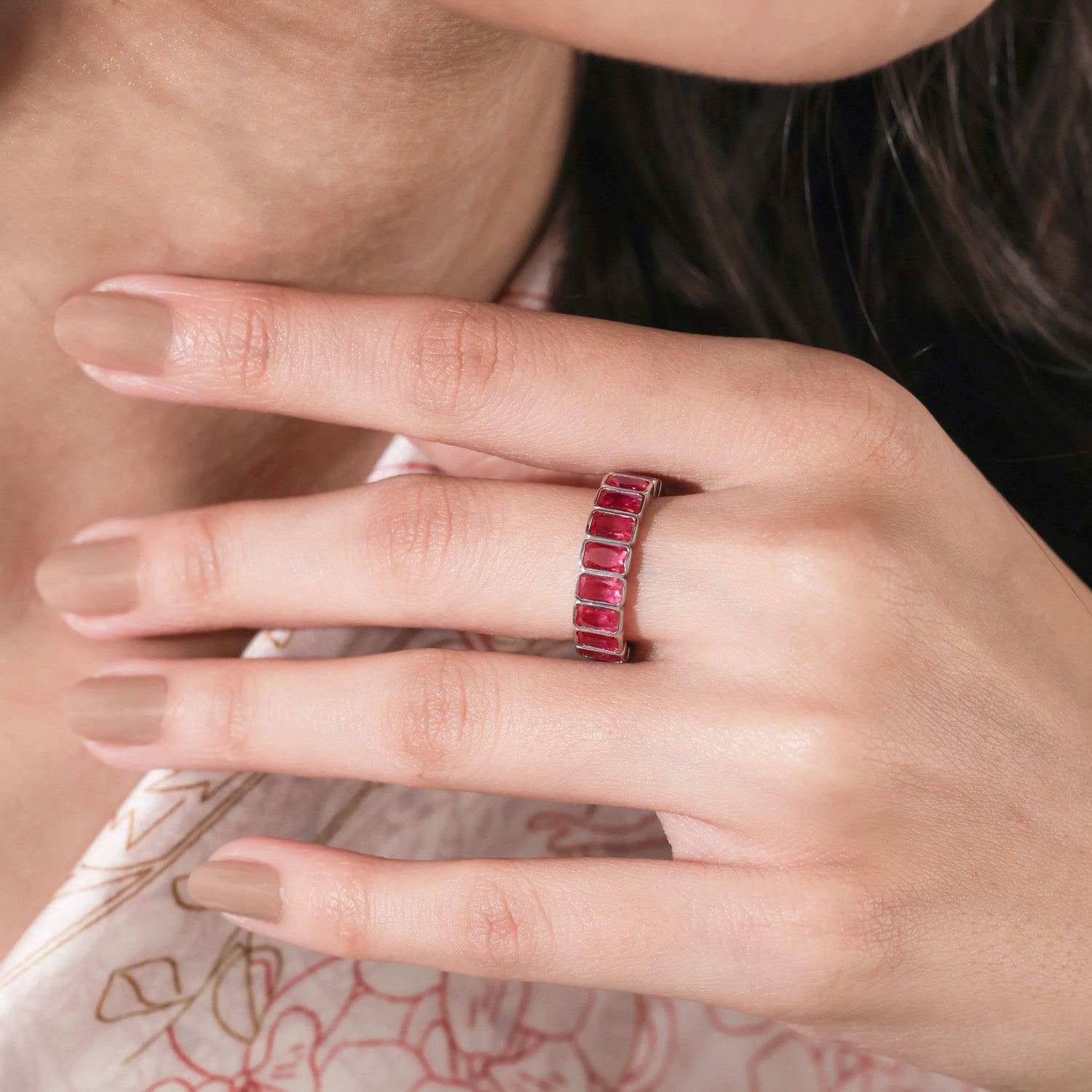 Emerald cut Lab Ruby Bezel Eternity Ring