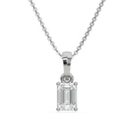 This white gold Emerald Solitaire Diamond Necklace made with an emerald cut diamond in a four prong setting with adjustable chain in top view