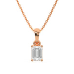 This rose gold Emerald Solitaire Diamond Necklace made with an emerald cut diamond in a four prong setting with adjustable chain in top view