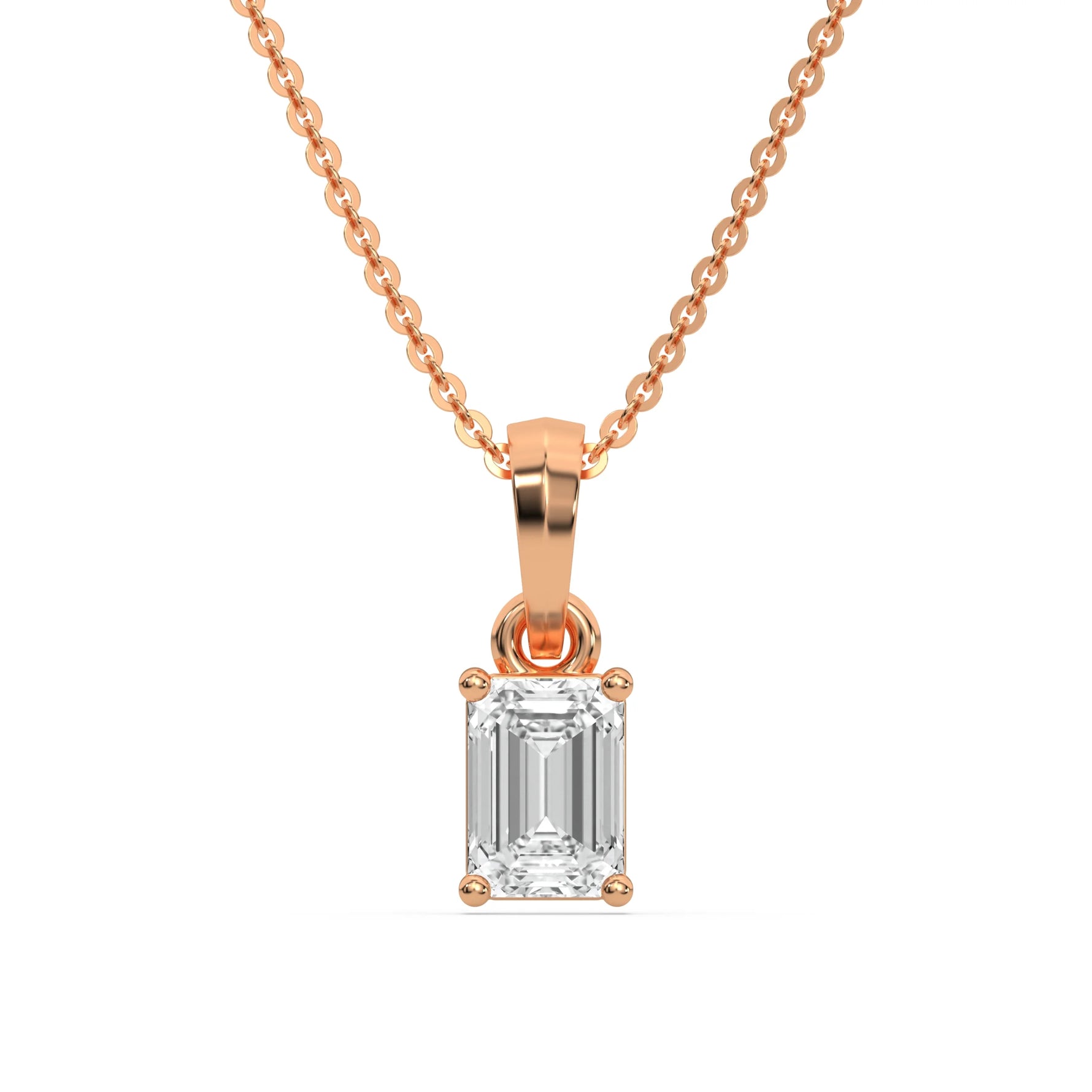 This rose gold Emerald Solitaire Diamond Necklace made with an emerald cut diamond in a four prong setting with adjustable chain in top view