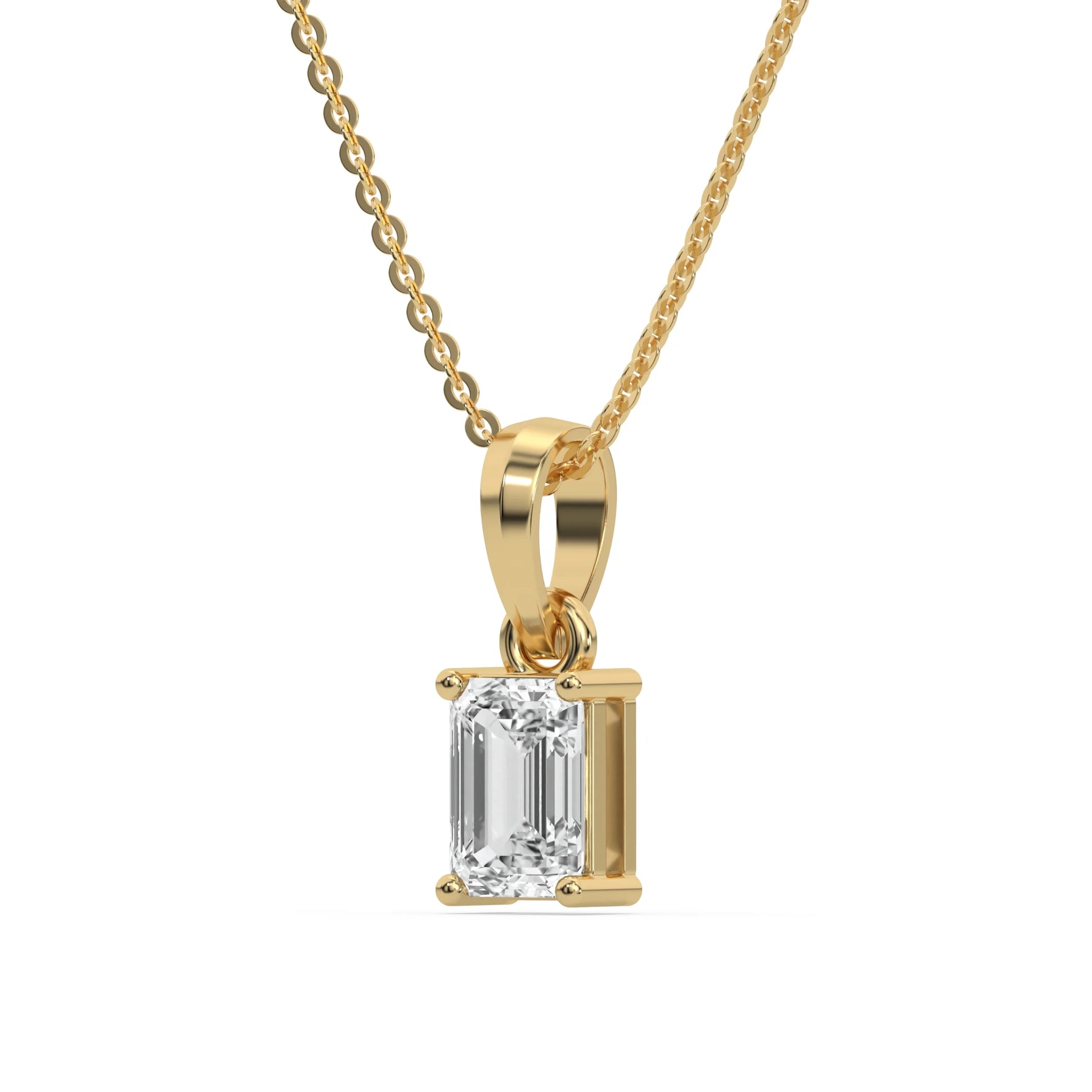 This yellow gold Emerald Solitaire Diamond Necklace made with an emerald cut diamond in a four prong setting with adjustable chain in side view