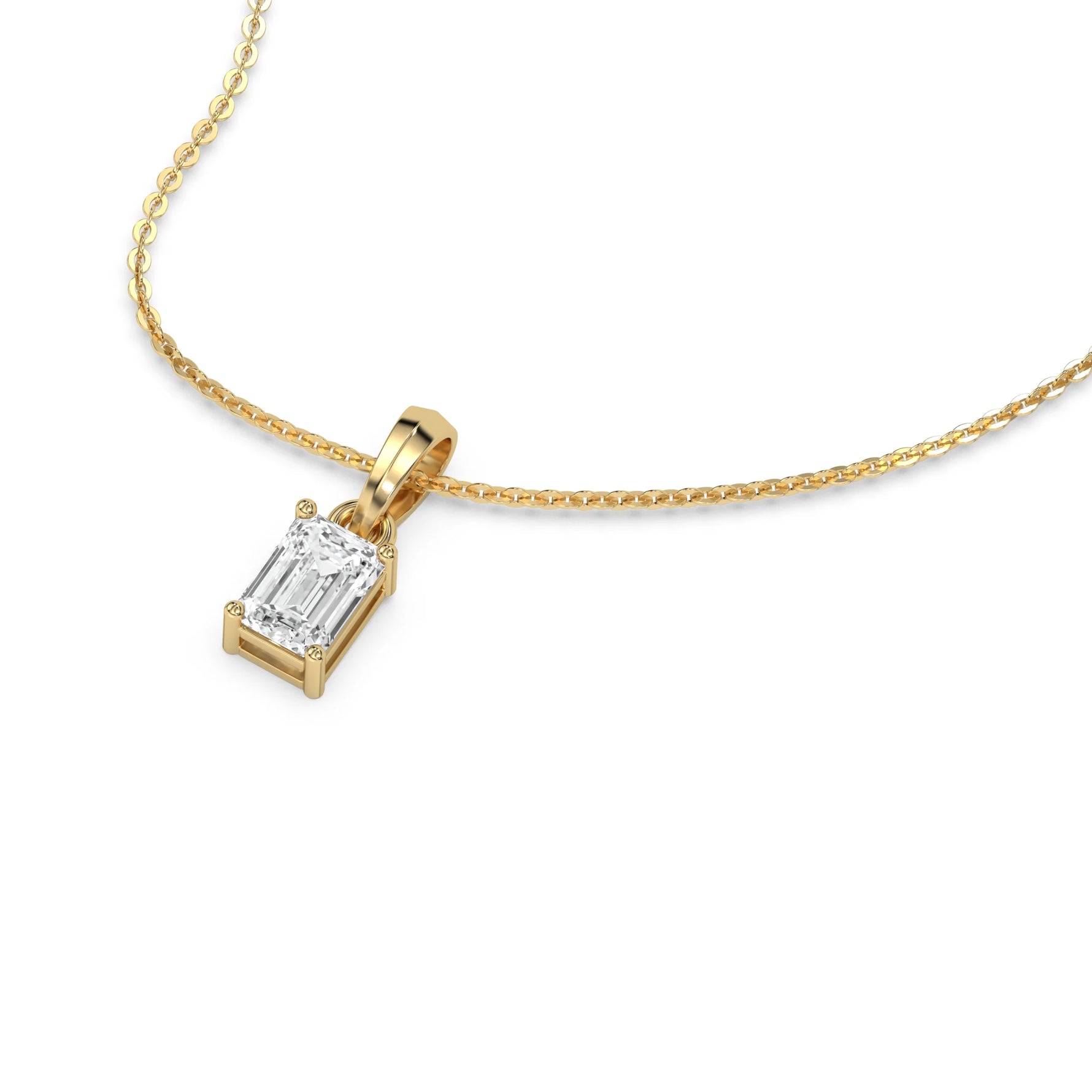 This yellow gold Emerald Solitaire Diamond Necklace made with an emerald cut diamond in a four prong setting with adjustable chain in 3d view