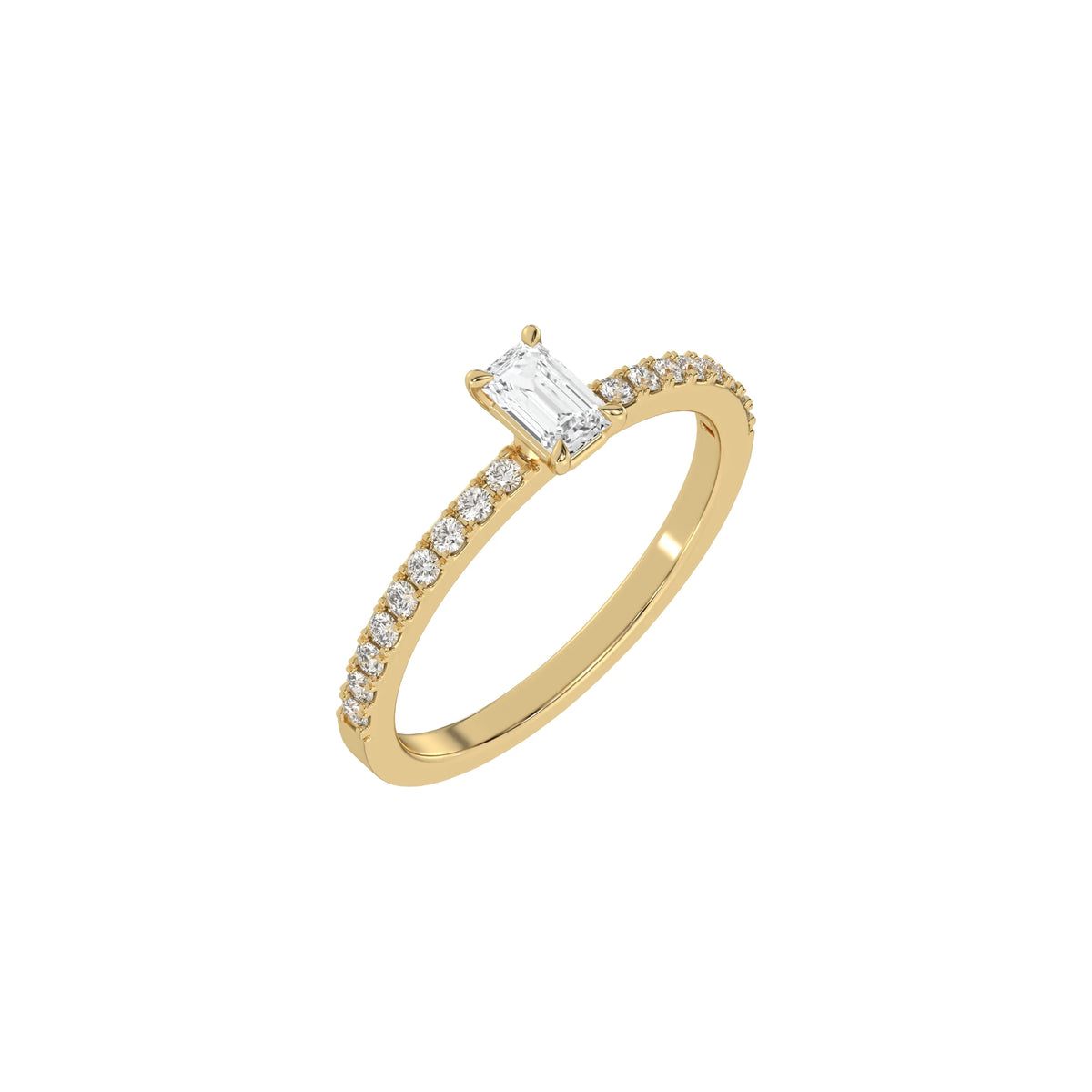 This yellow gold ring displayed in 3d view is made with a emerald solitaire diamond set in four-prong setting