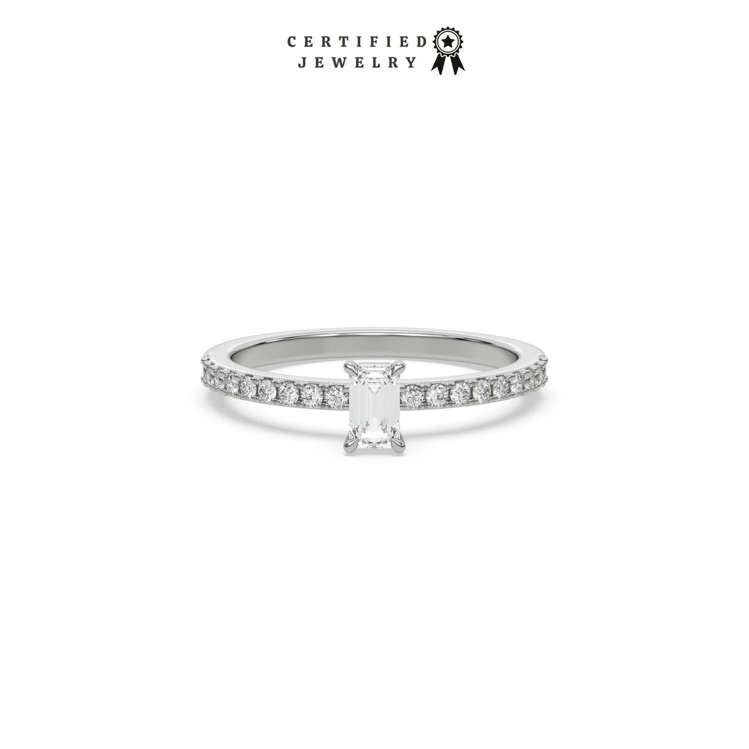 This white gold ring displayed in front view is made with a emerald solitaire diamond set in four-prong setting