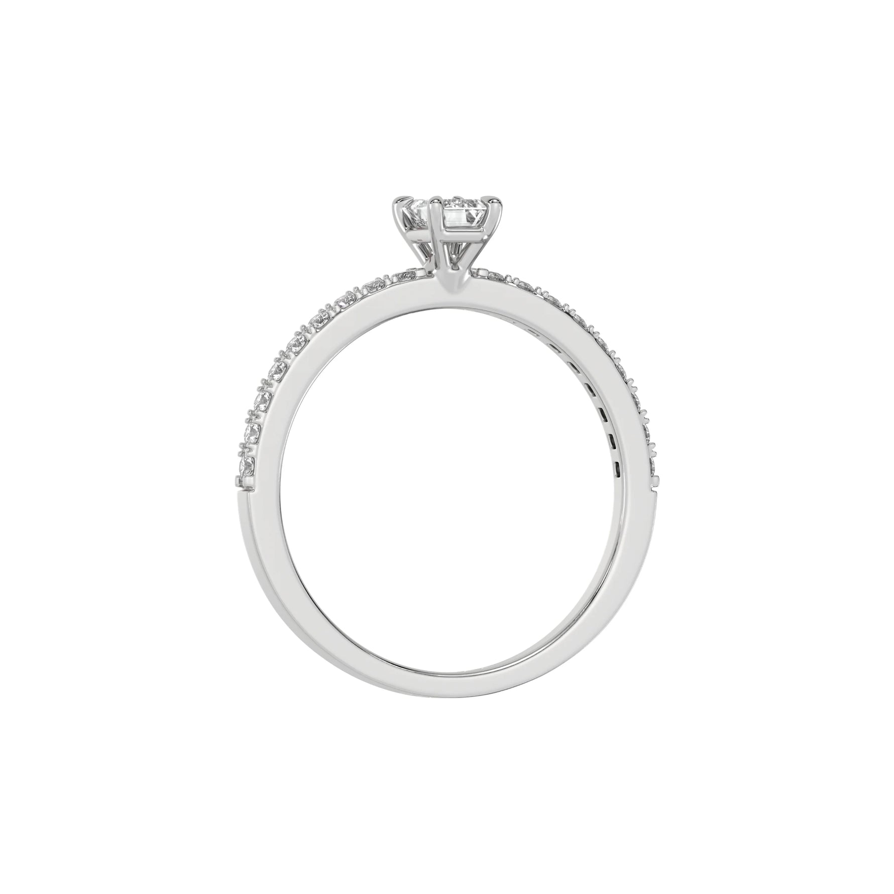 This white gold ring displayed in through finger view is made with a emerald solitaire diamond set in four-prong setting