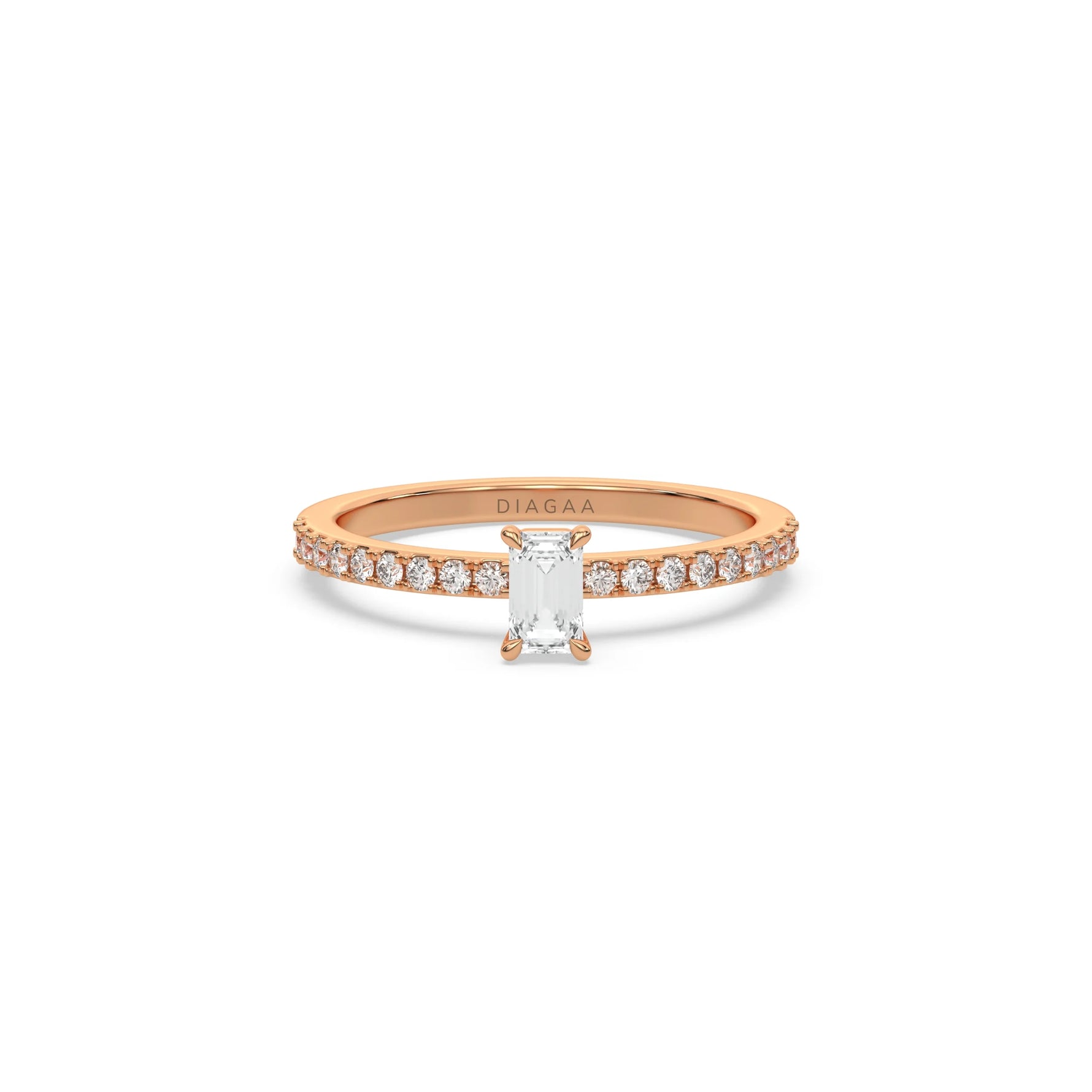 This rose gold ring displayed in front view is made with a emerald solitaire diamond set in four-prong setting