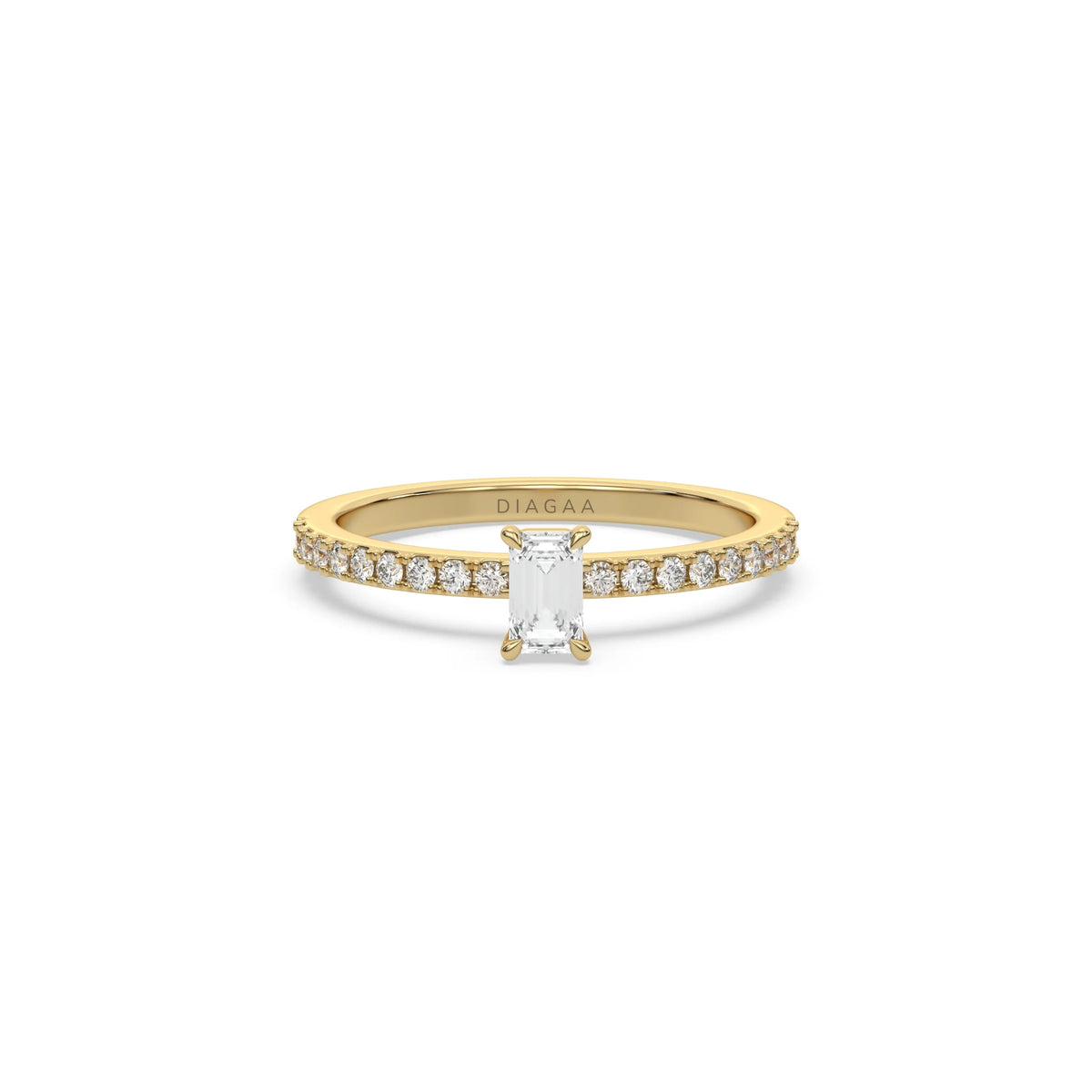 This yellow gold ring displayed in front view is made with a emerald solitaire diamond set in four-prong setting