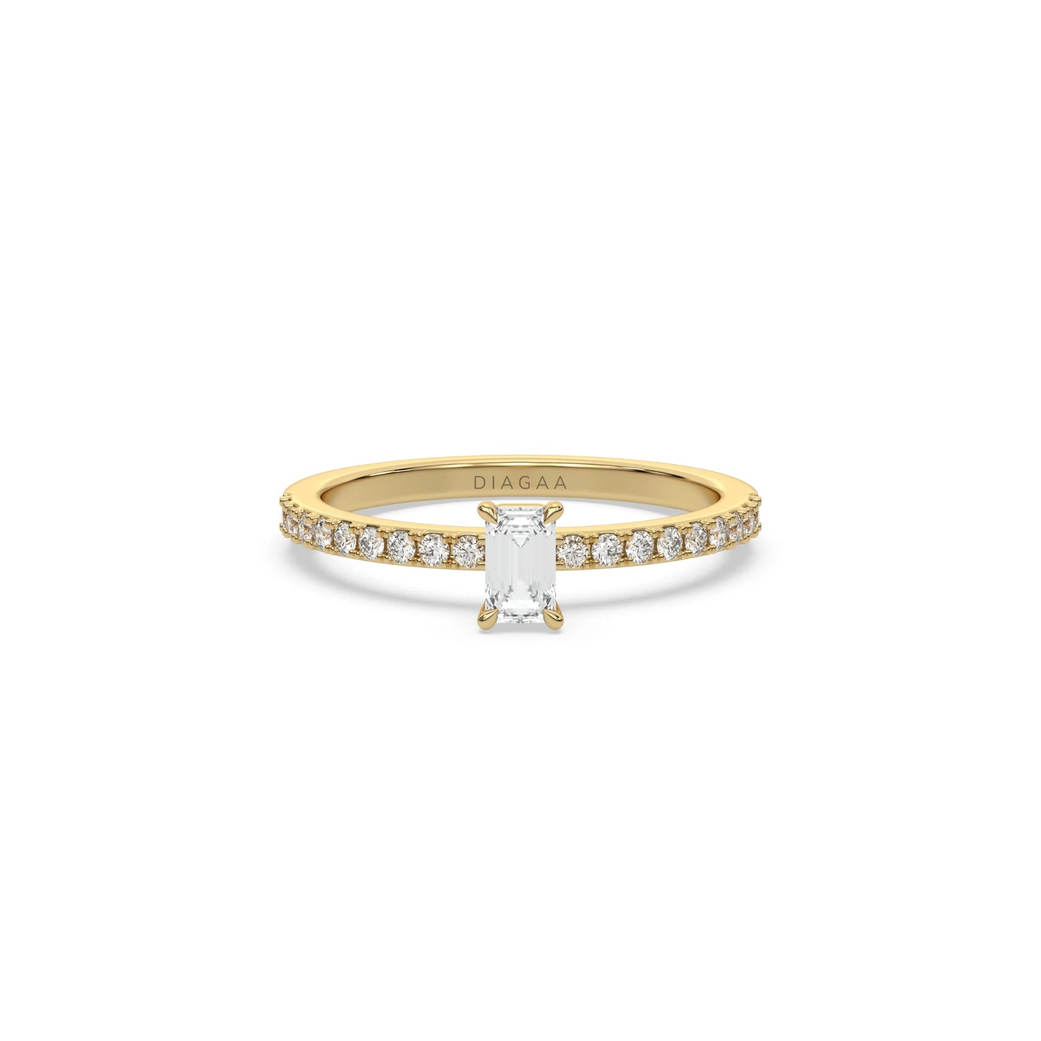 This yellow gold ring displayed in front view is made with a emerald solitaire diamond set in four-prong setting