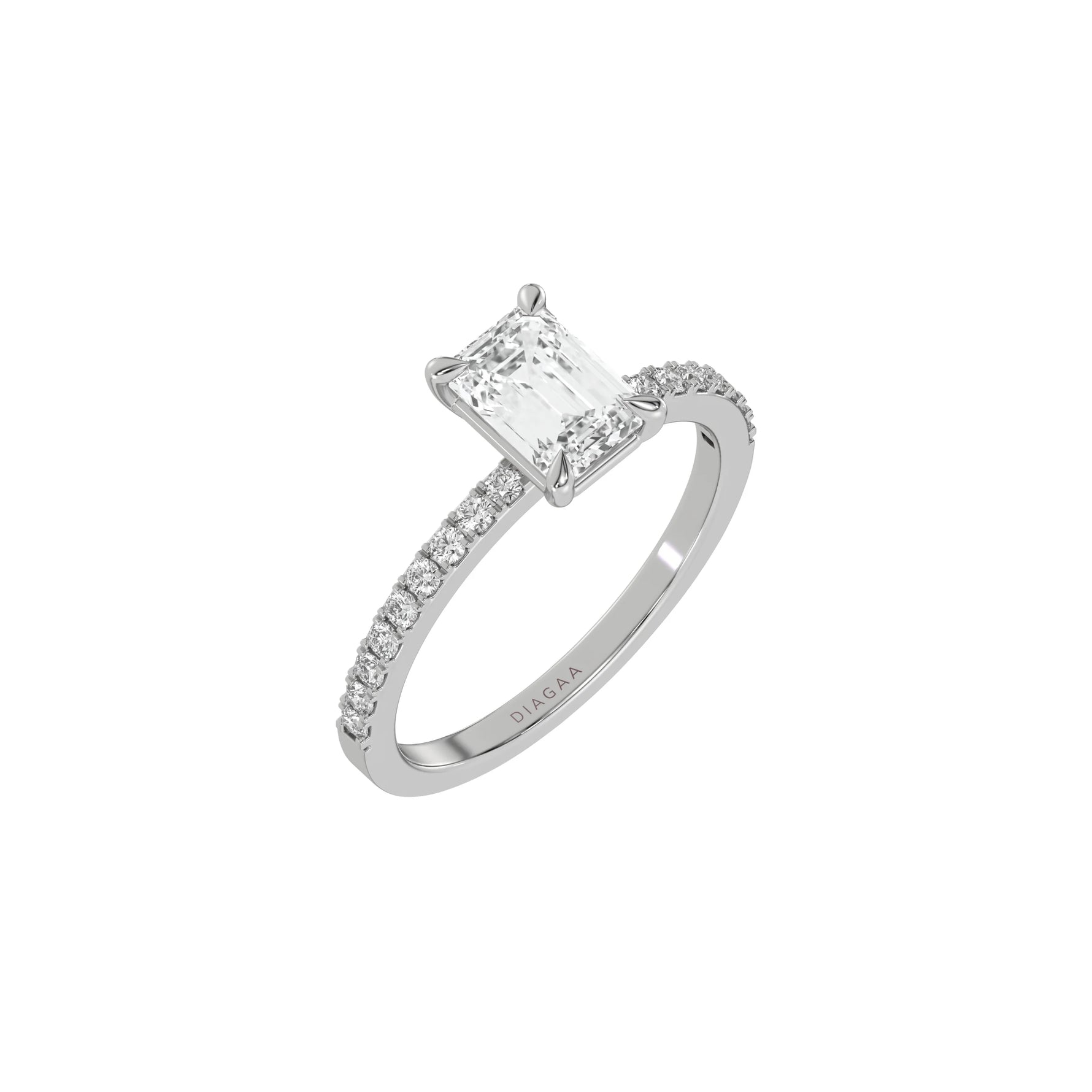 This white gold ring displayed in 3d view is made with a emerald solitaire diamond set in four-prong setting