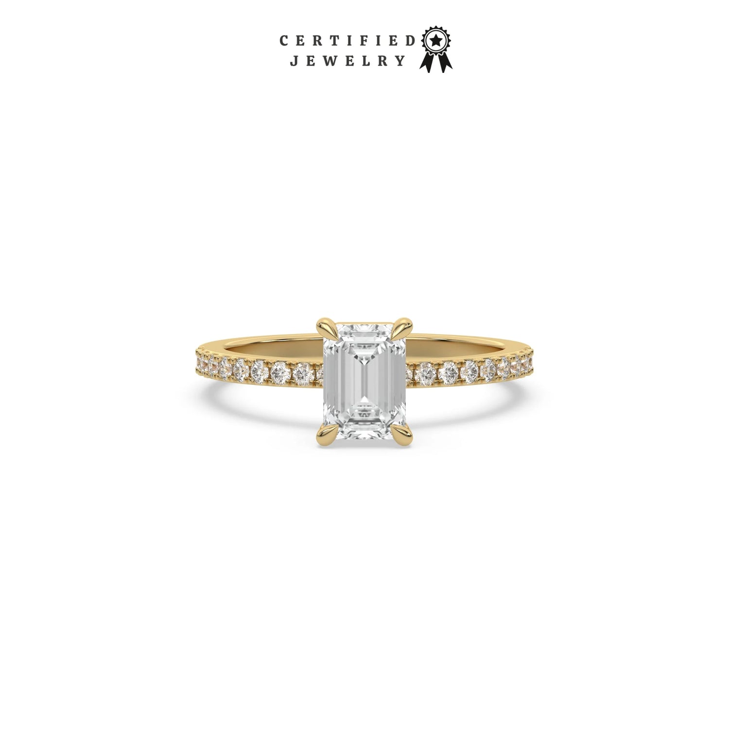 This yellow gold ring displayed in front view is made with a emerald solitaire diamond set in four-prong setting