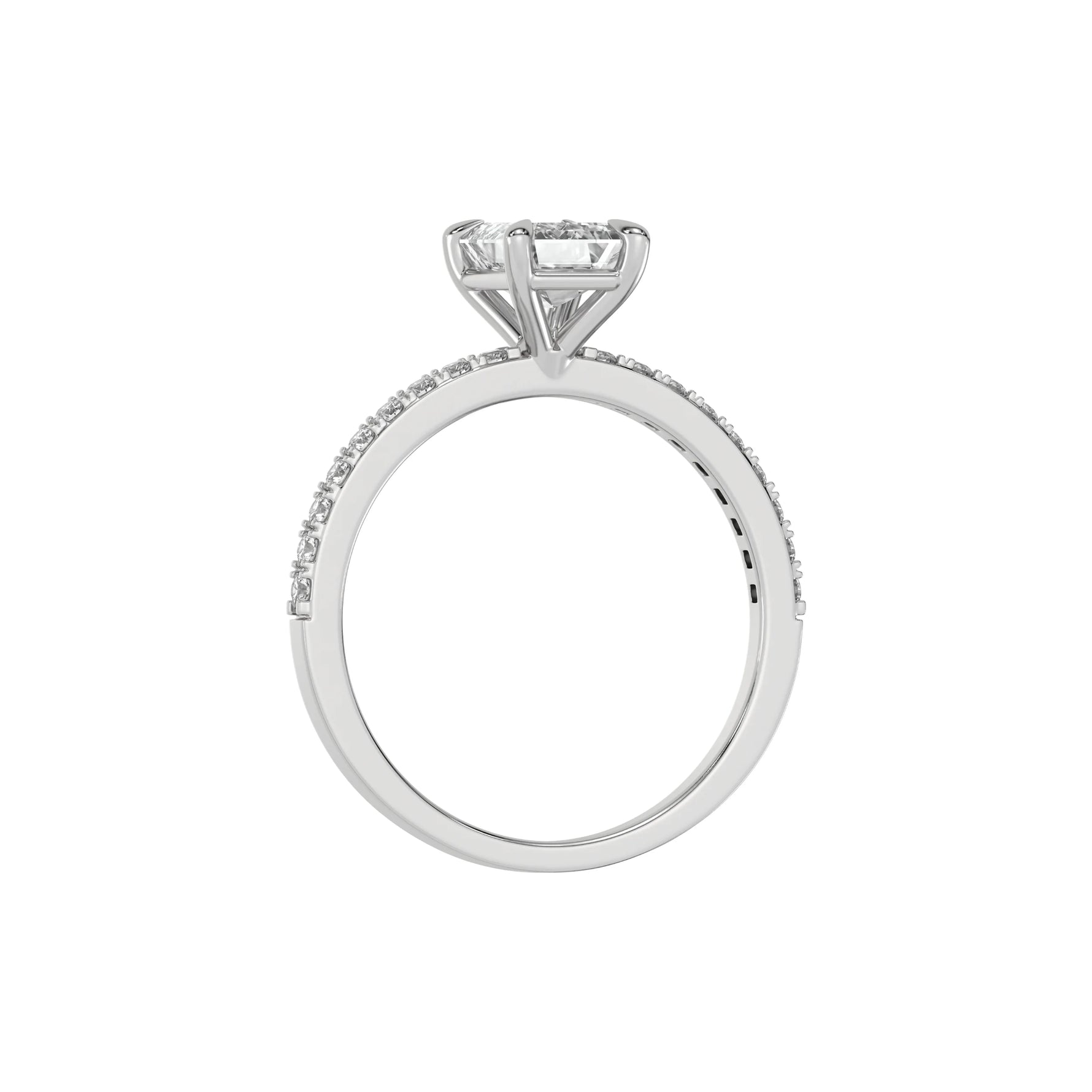 This white gold ring displayed in through finger view is made with a emerald solitaire diamond set in four-prong setting