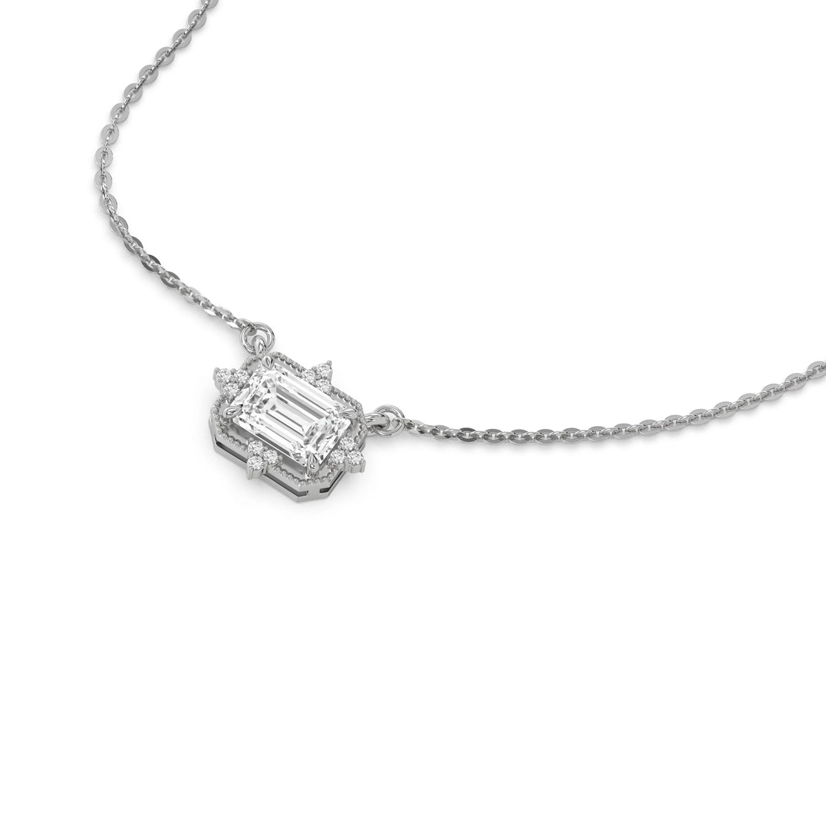 18K White Gold Emerald and Round Diamond Spark Necklace