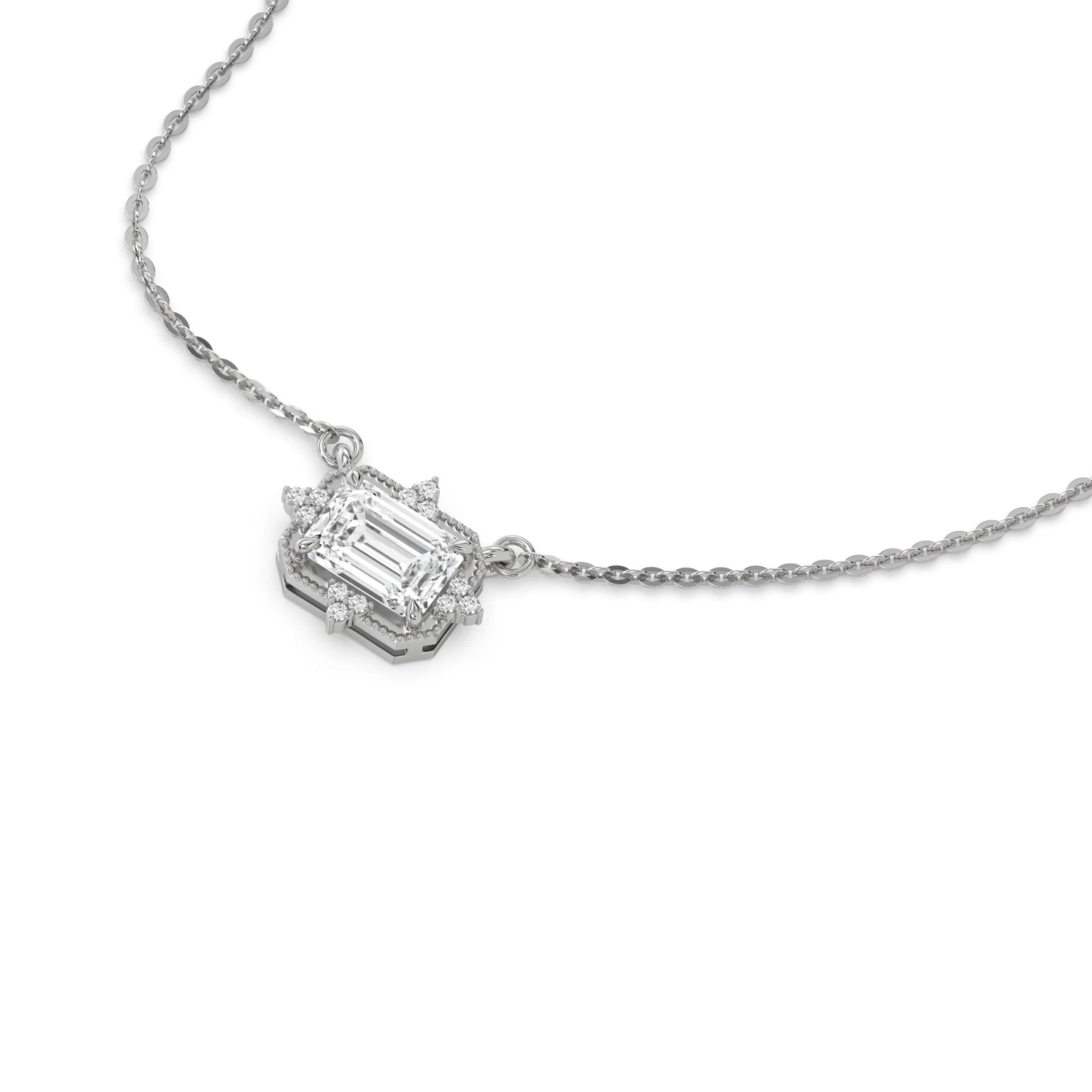 18K White Gold Emerald and Round Diamond Spark Necklace