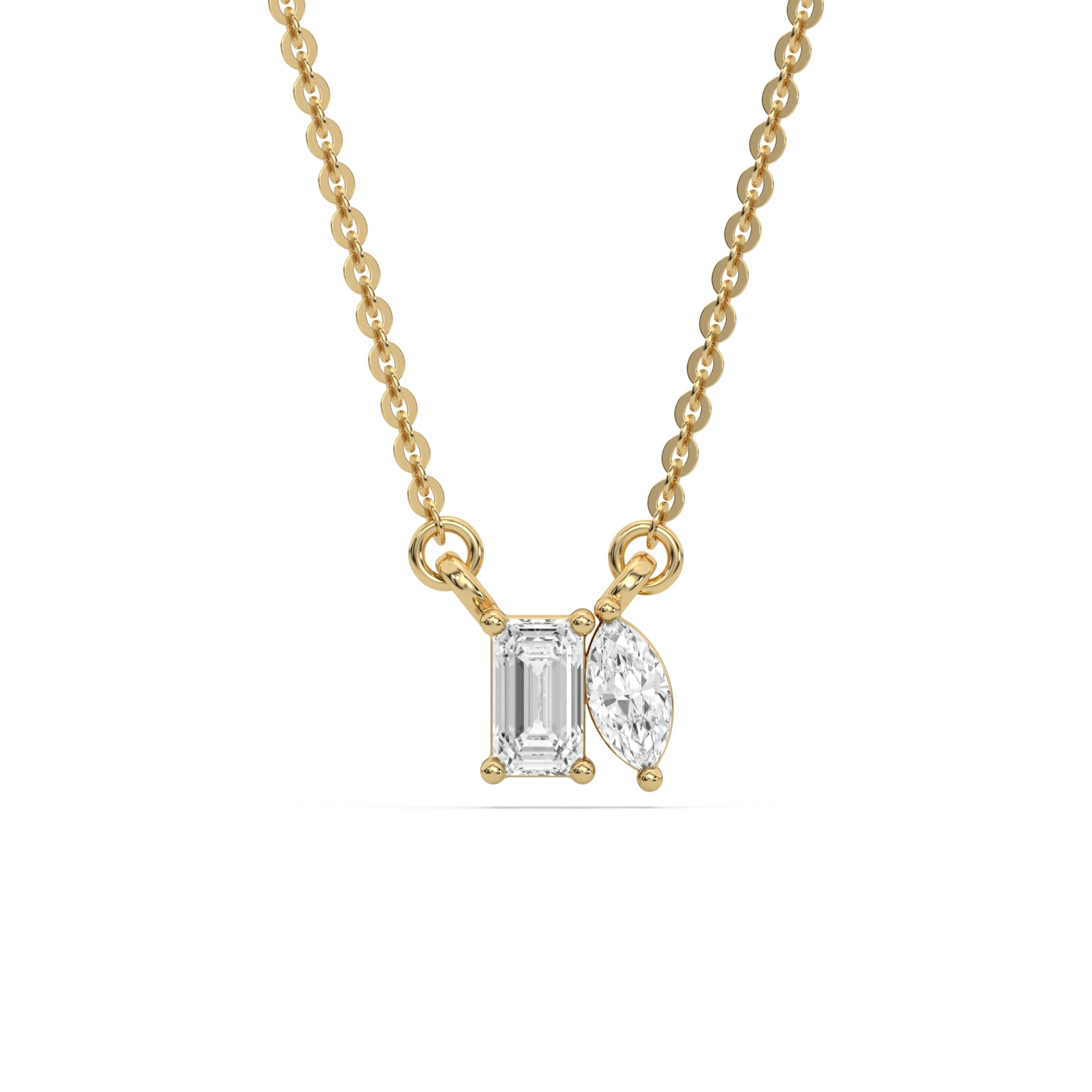 This yellow gold Cluster Diamond Necklace made with emerald and marquise diamonds, positioned right next to each other and securely set in prong setting in top view