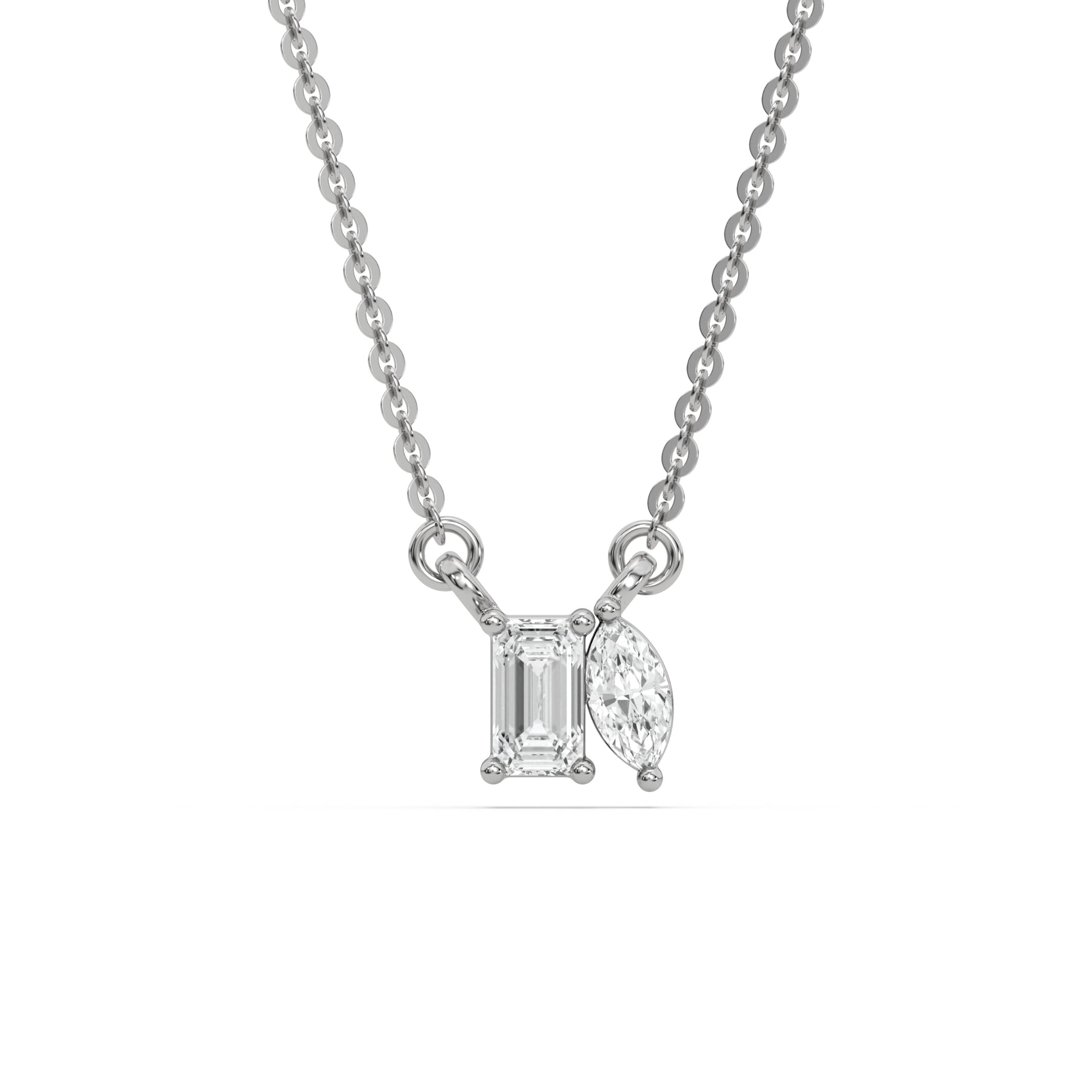 This white gold Cluster Diamond Necklace made with emerald and marquise diamonds, positioned right next to each other and securely set in prong setting in top view