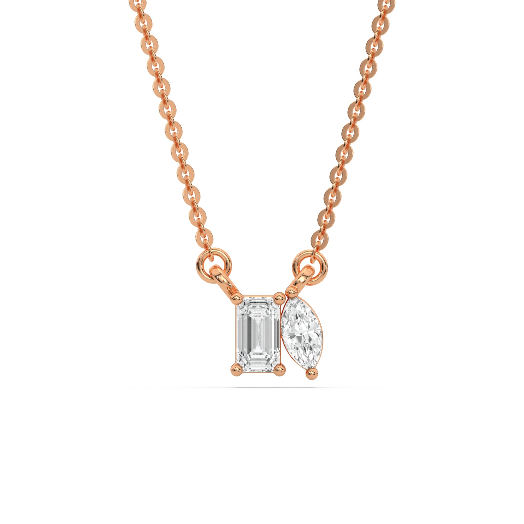 This rose gold Cluster Diamond Necklace made with emerald and marquise diamonds, positioned right next to each other and securely set in prong setting in top view