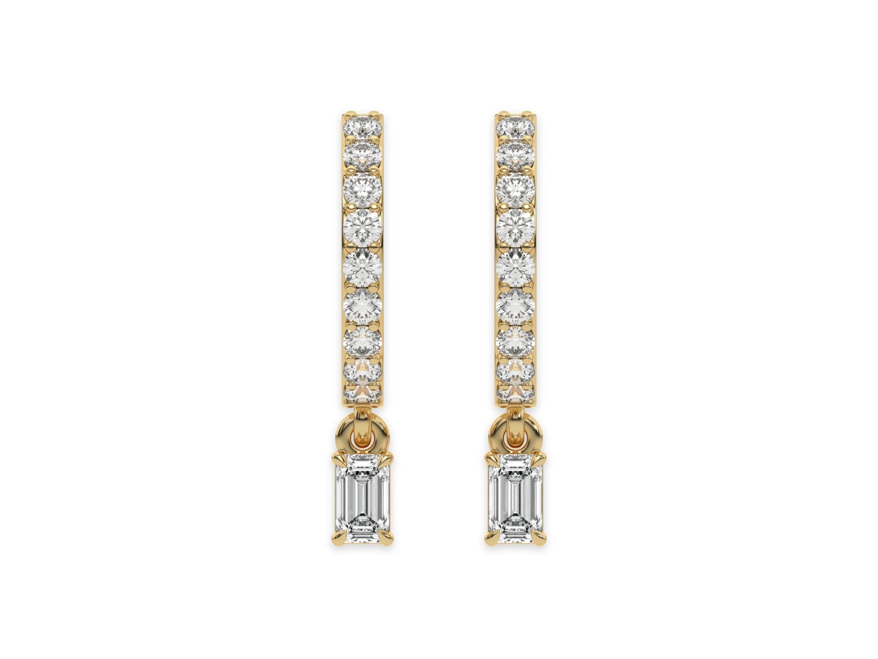 18k Yellow gold dangling emerald diamond hoop earrings with round cut diamonds in prong setting in hoop and an emerald solitaire hanging at the bottom.