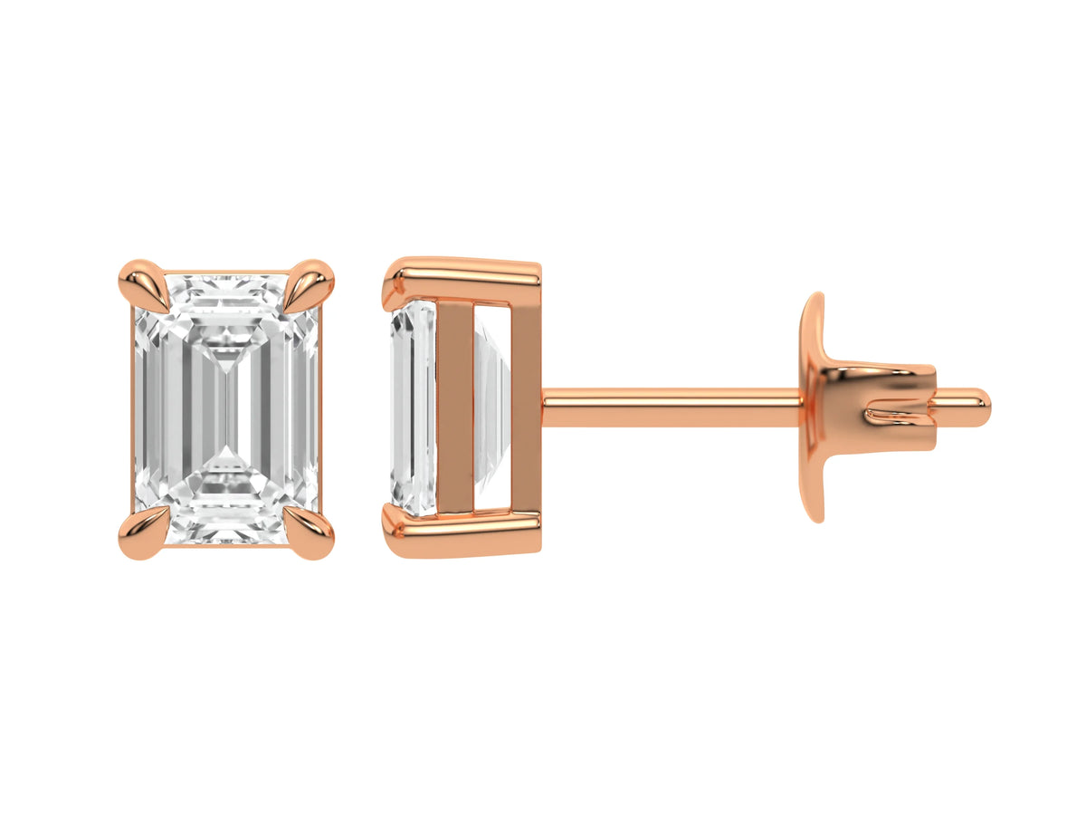 14k rose gold natural Emerald cut Diamond Earrings set in a four prong setting