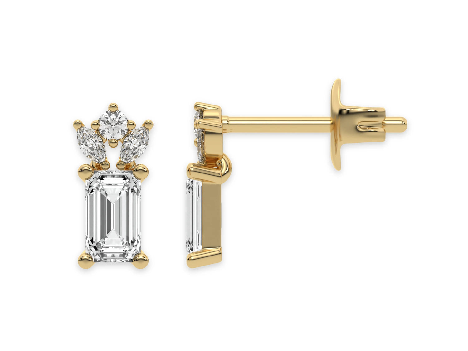 18k yellow gold natural emerald cut diamond cluster studs  set in a prong setting.
