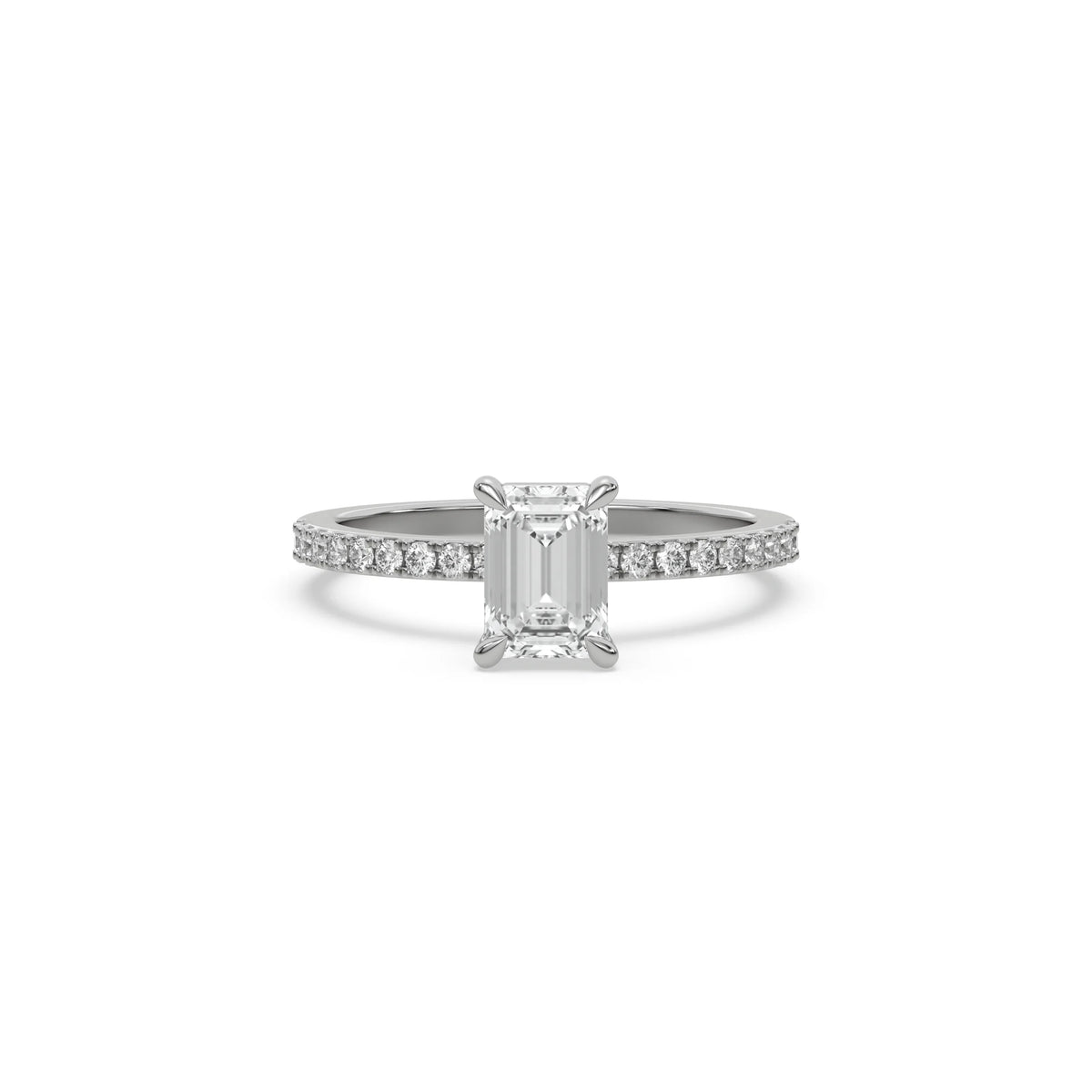 This white gold ring displayed in front view is made with a emerald solitaire diamond set in four-prong setting