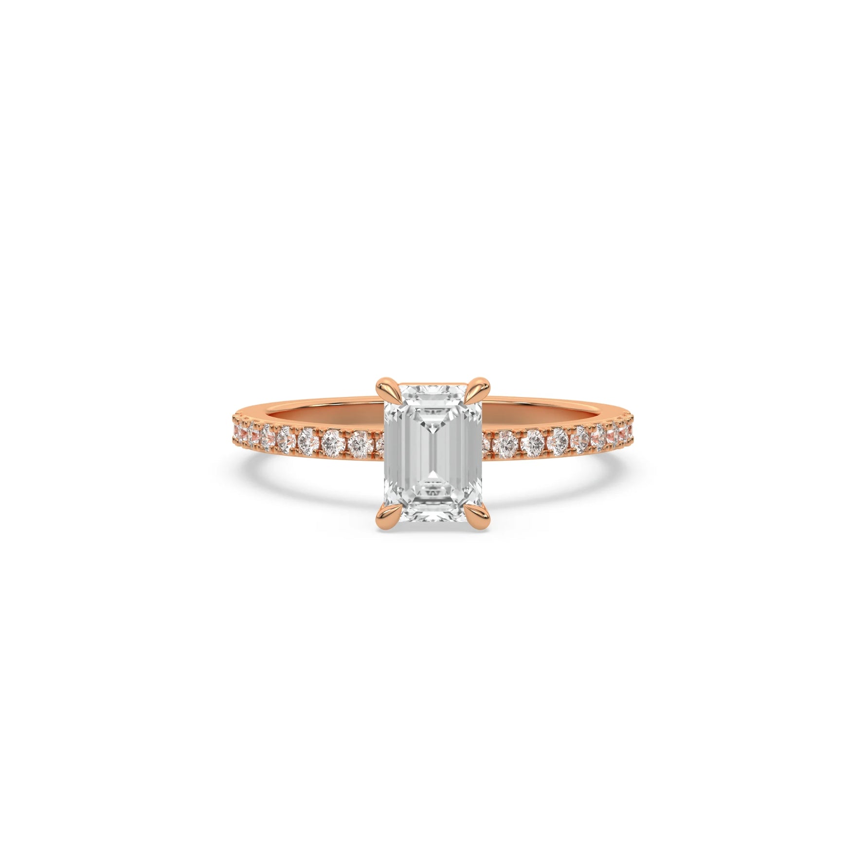 This rose gold ring displayed in front view is made with a emerald solitaire diamond set in four-prong setting