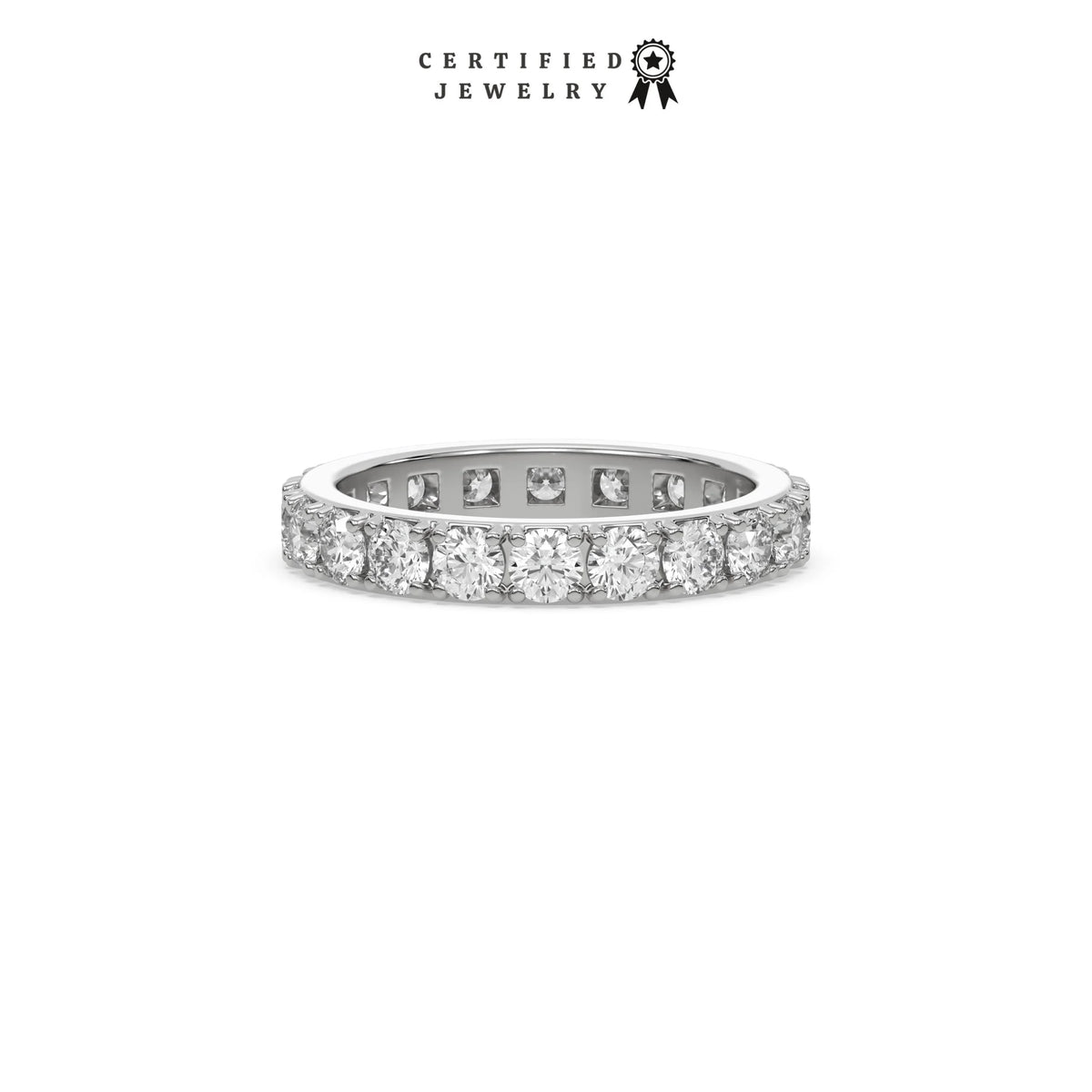 This white gold ring displayed in front view is made with brilliant cut round diamonds and set in a beautiful pave setting