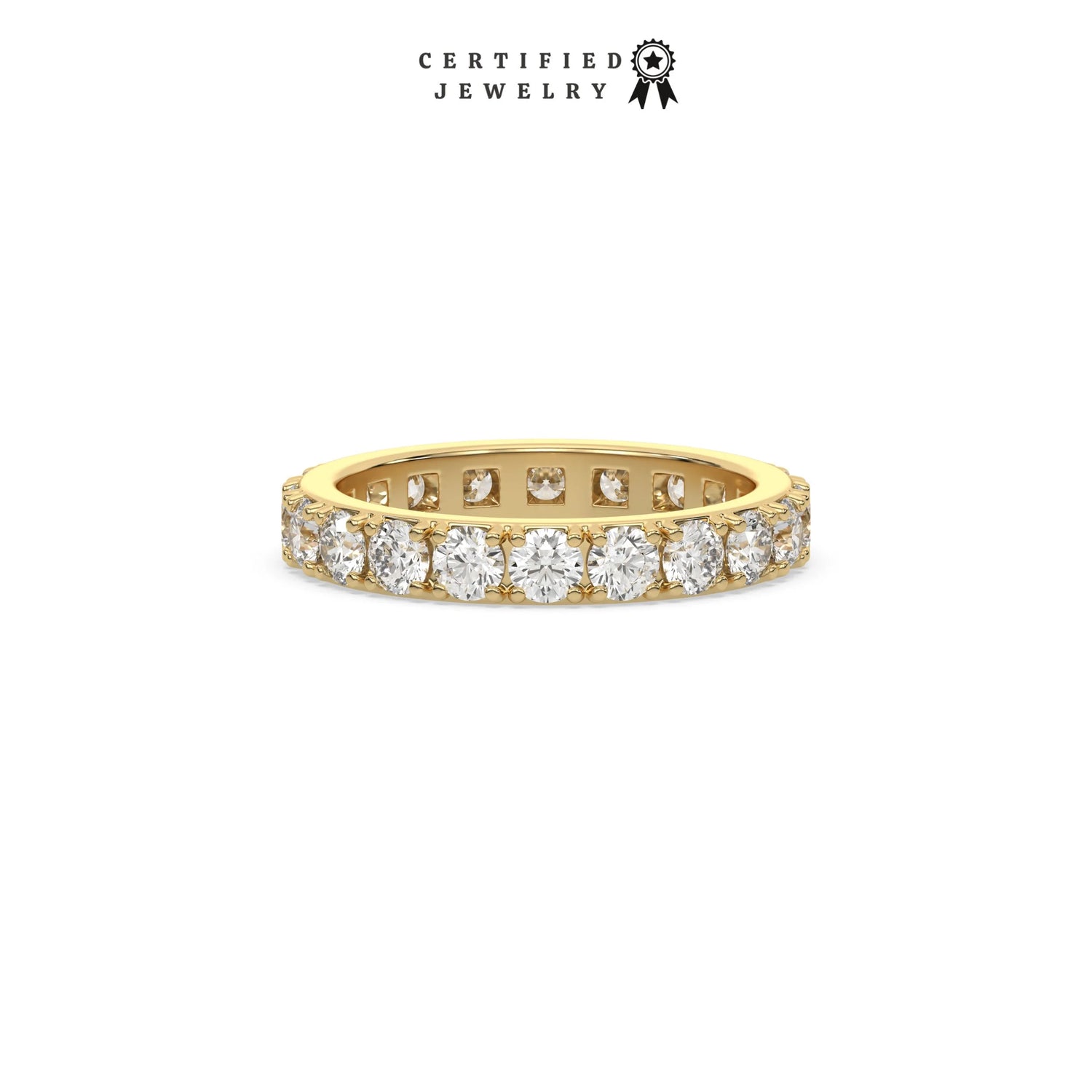 This yellow gold ring displayed in front view is made with brilliant cut round diamonds and set in a beautiful pave setting