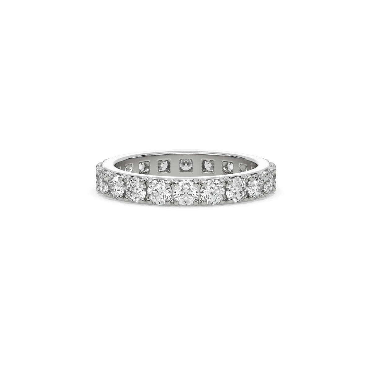 This white gold ring displayed in front view is made with brilliant cut round diamonds and set in a beautiful pave setting