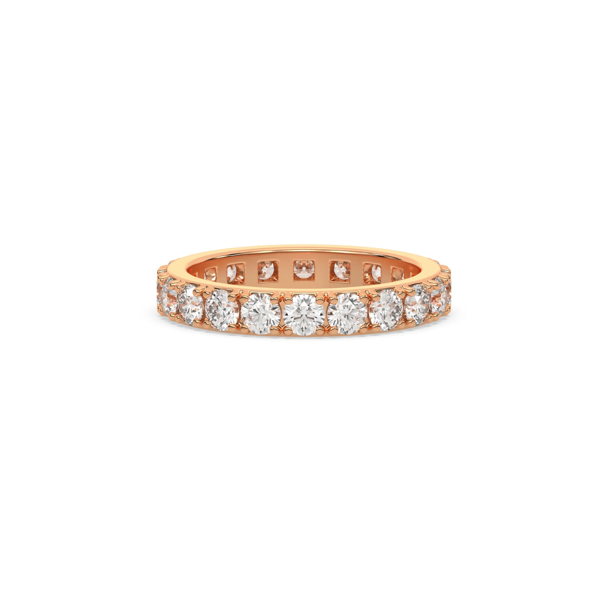 This rose gold ring displayed in front view is made with brilliant cut round diamonds and set in a beautiful pave setting