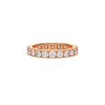 This rose gold ring displayed in front view is made with brilliant cut round diamonds and set in a beautiful pave setting