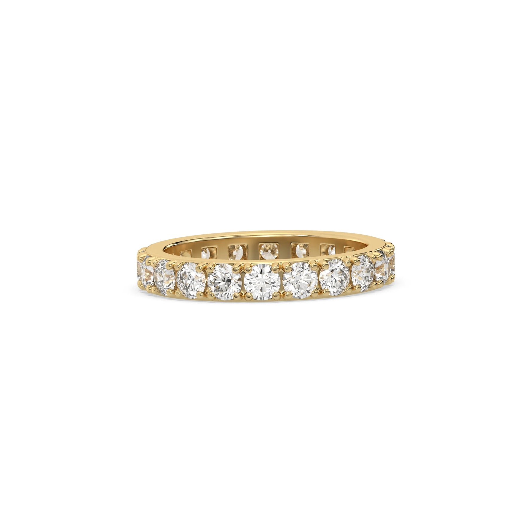 This yellow gold ring displayed in side view is made with brilliant cut round diamonds and set in a beautiful pave setting