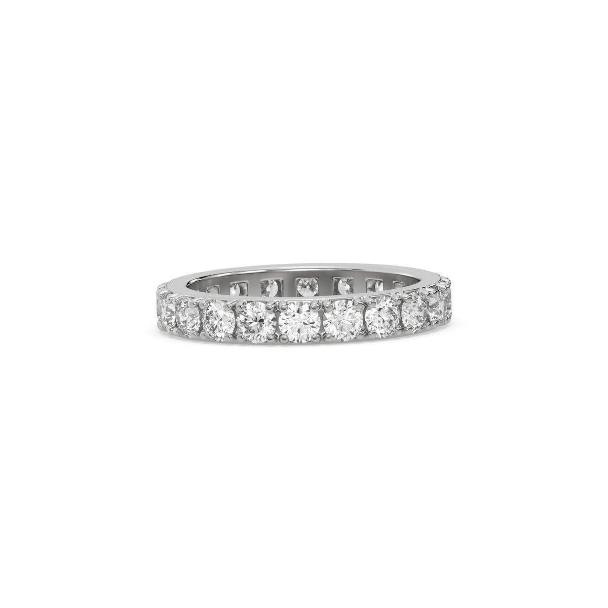 This white gold ring displayed in side view is made with brilliant cut round diamonds and set in a beautiful pave setting