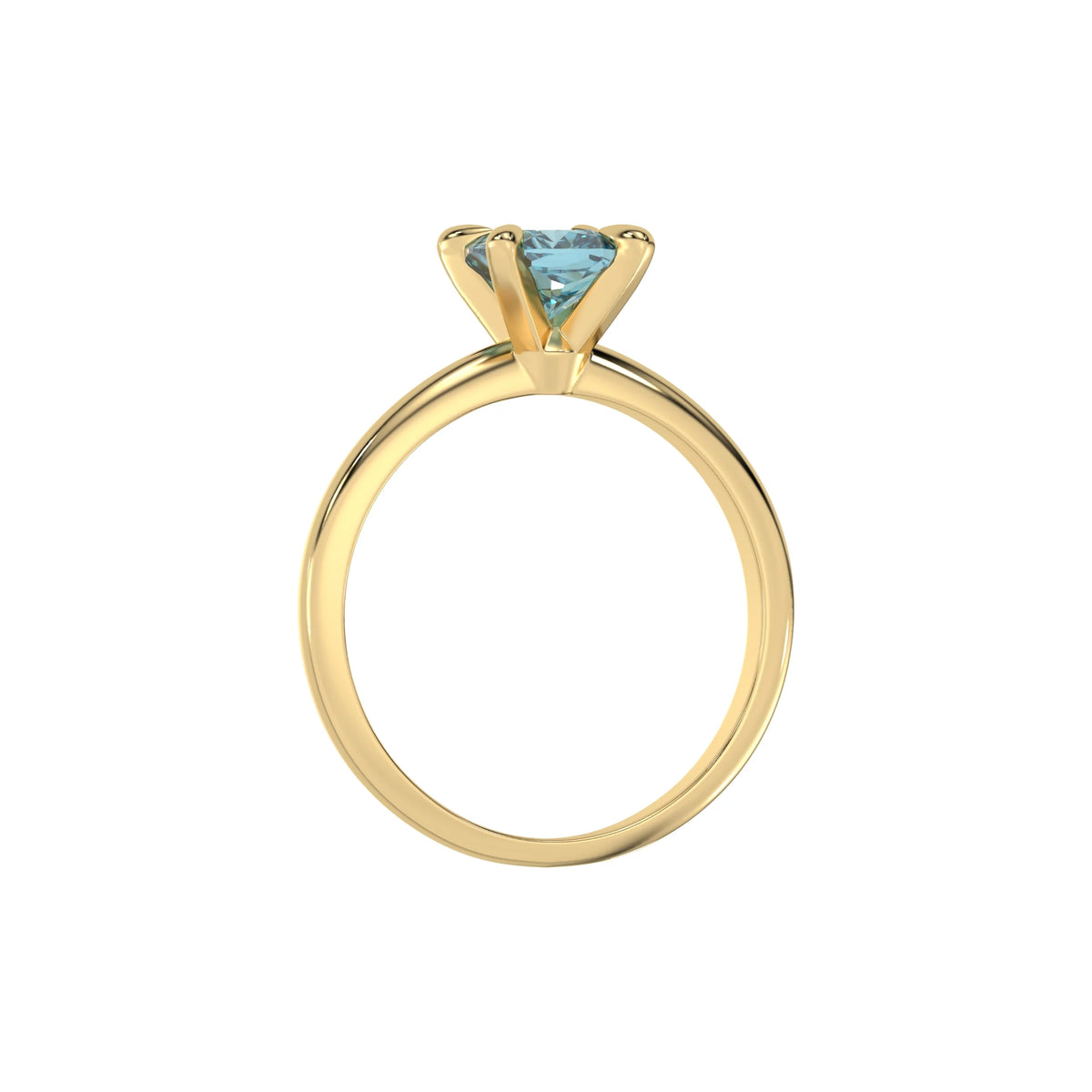 This yellow gold ring features a fancy Blue cushion solitaire diamond elegantly secured in a four-prong setting on a solid gold band in through finger view