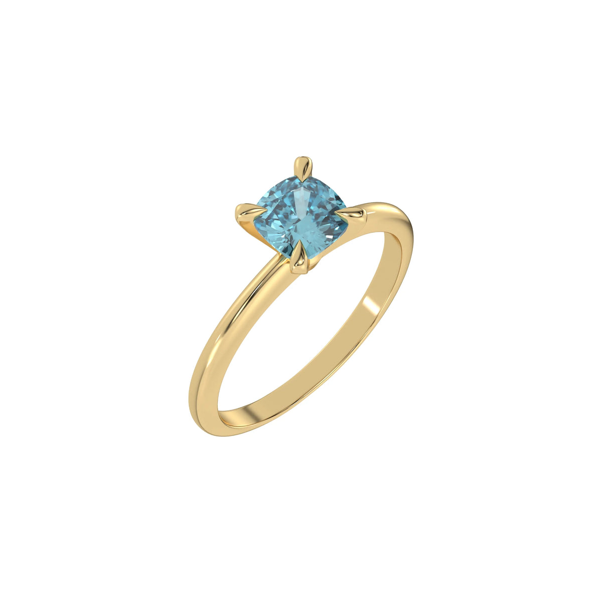 This yellow gold ring features a fancy Blue cushion solitaire diamond elegantly secured in a four-prong setting on a solid gold band in 3D view