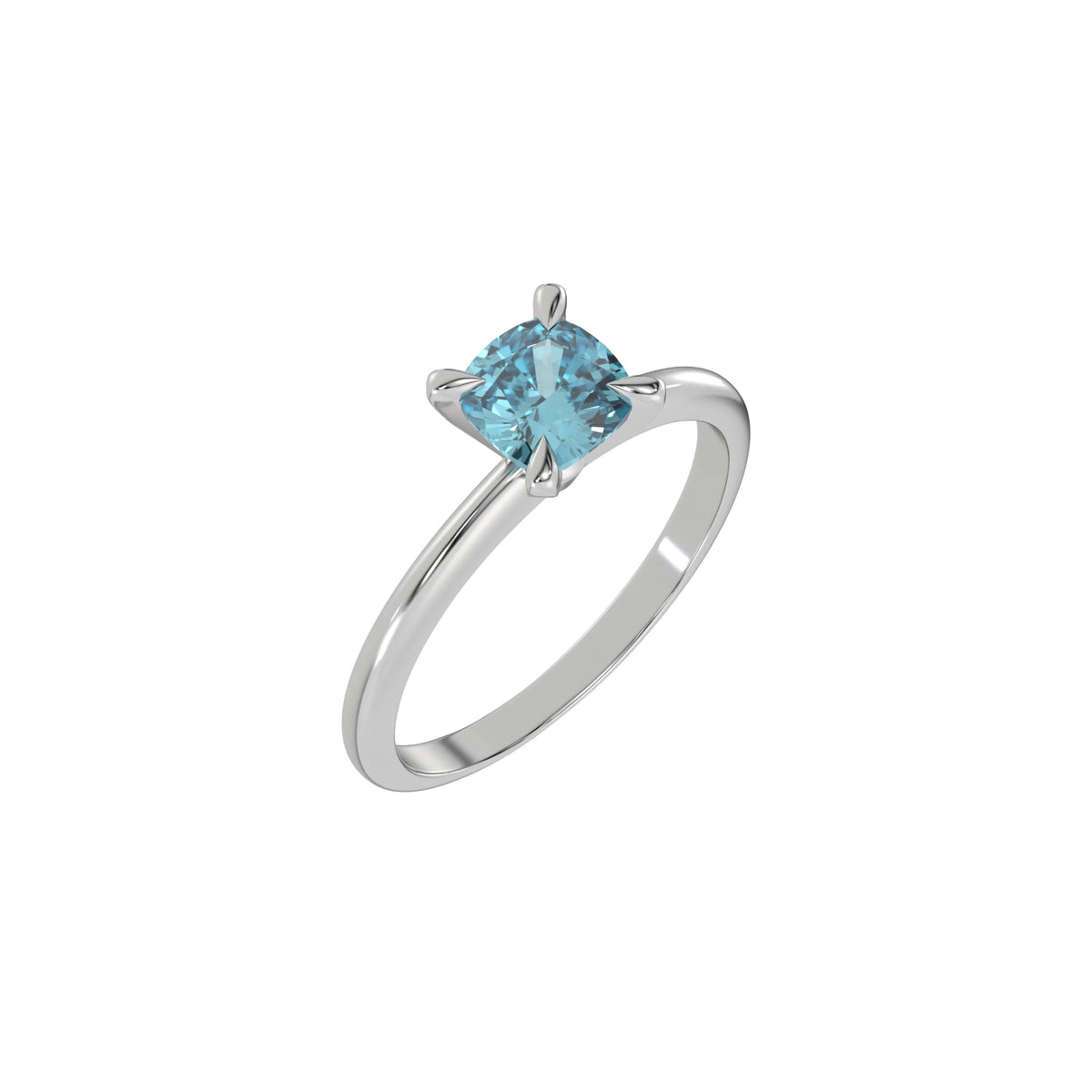 This white gold ring features a fancy Blue cushion solitaire diamond elegantly secured in a four-prong setting on a solid gold band in 3D view