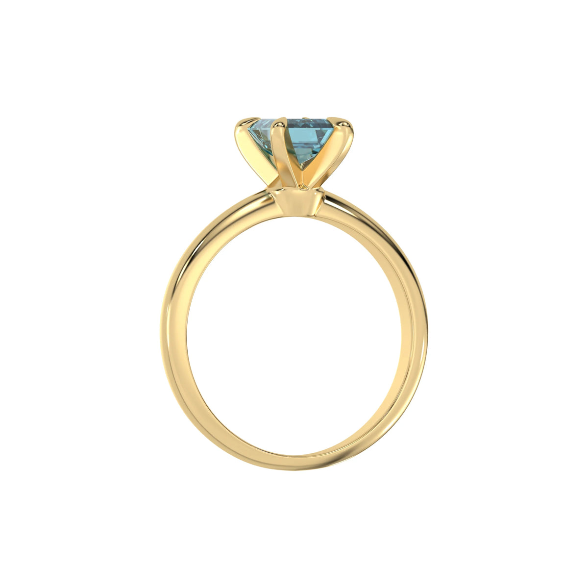 This yellow gold ring features an fancy Blue emerald solitaire diamond elegantly secured in a four-prong setting on a solid gold band in through finger view