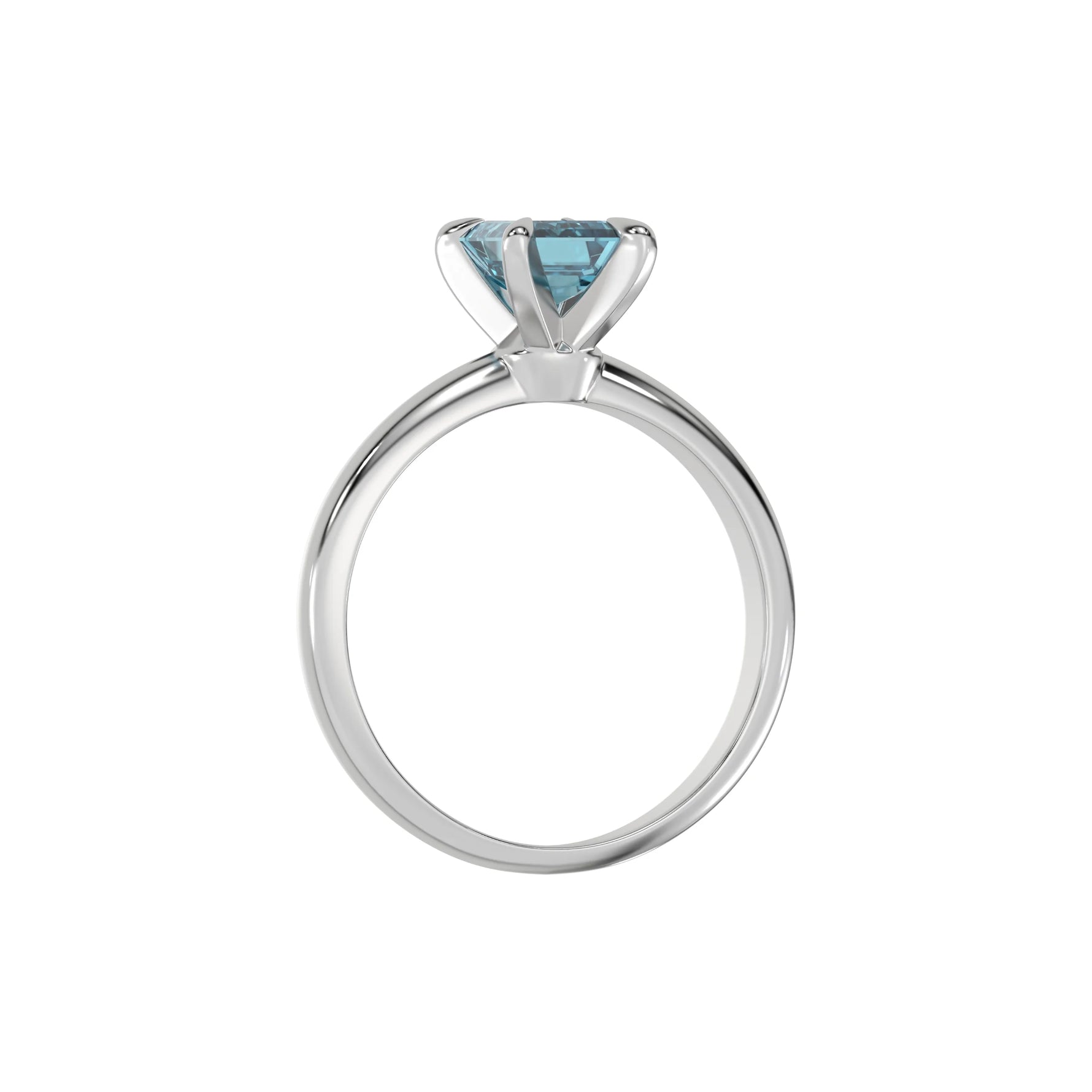 This white gold ring features an fancy Blue emerald solitaire diamond elegantly secured in a four-prong setting on a solid gold band in through finger view