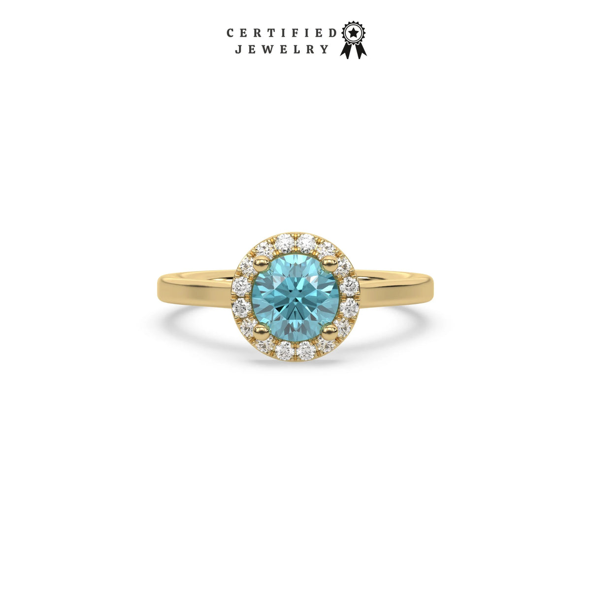 Blue Diamond Ring, Round Diamond Halo Engagement Ring, Gold Wedding Ring, Solitaire Engagement Ring, Promise Ring For Her