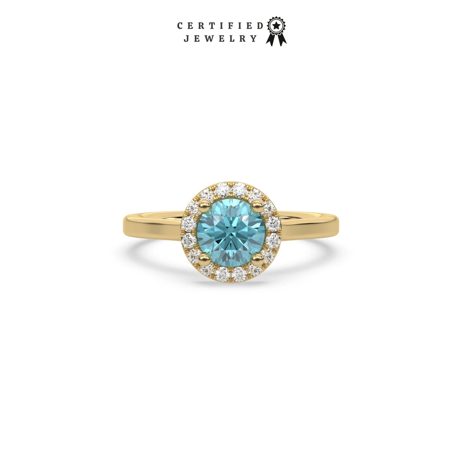 Blue Diamond Ring, Round Diamond Halo Engagement Ring, Gold Wedding Ring, Solitaire Engagement Ring, Promise Ring For Her