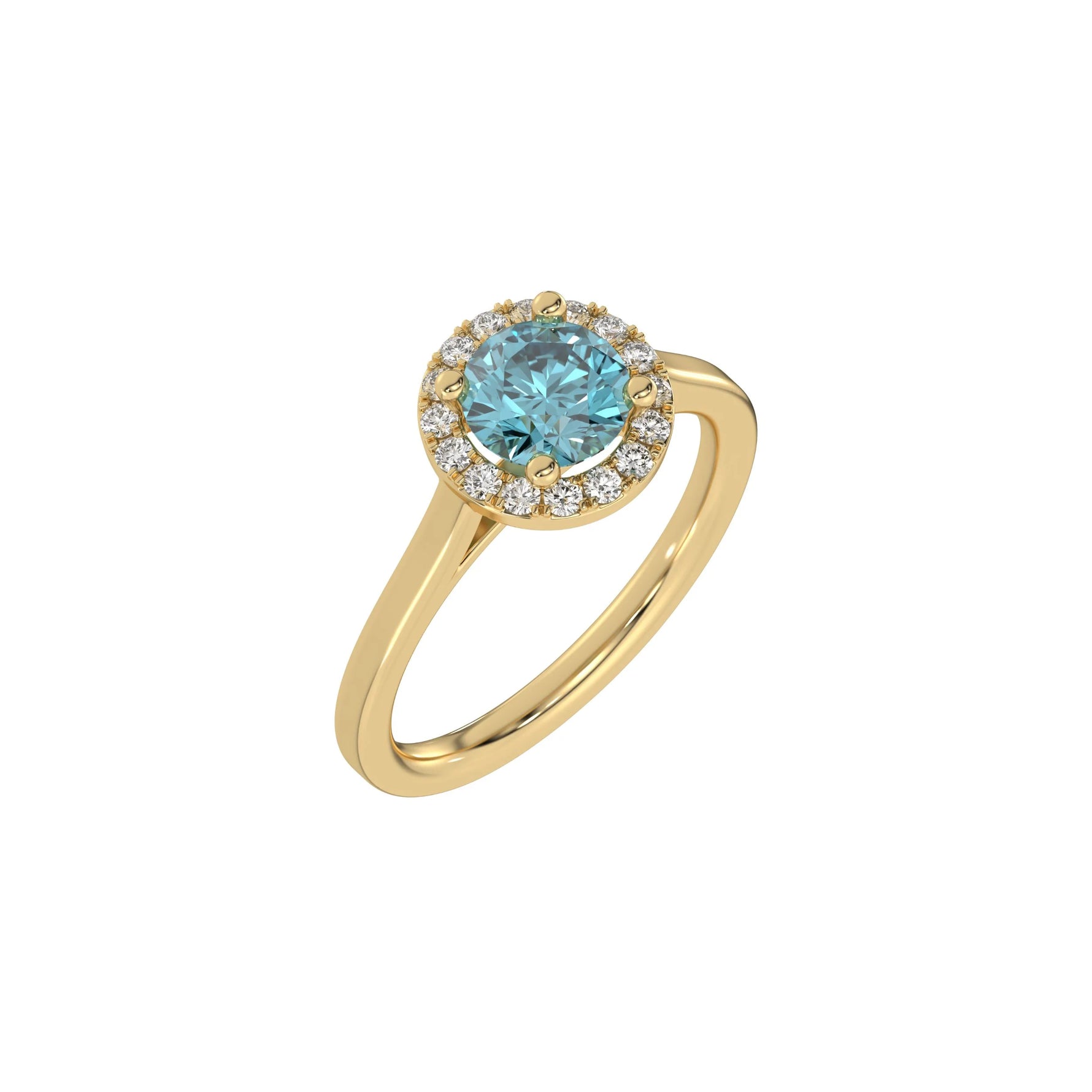 This yellow gold ring features a fancy Blue round solitaire diamond set in a four-prong setting in 3D view