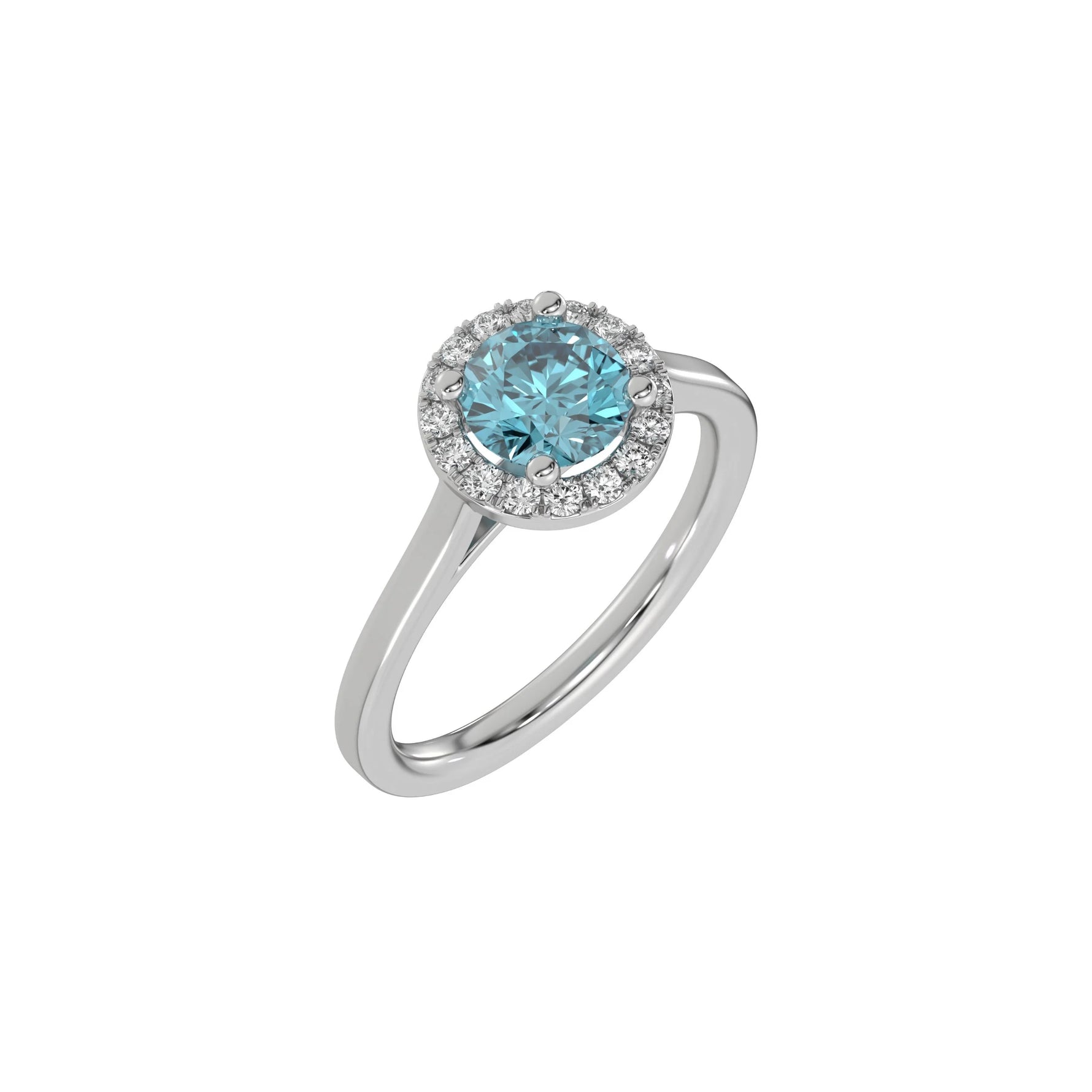 This white gold ring features a fancy Blue round solitaire diamond set in a four-prong setting in 3D view