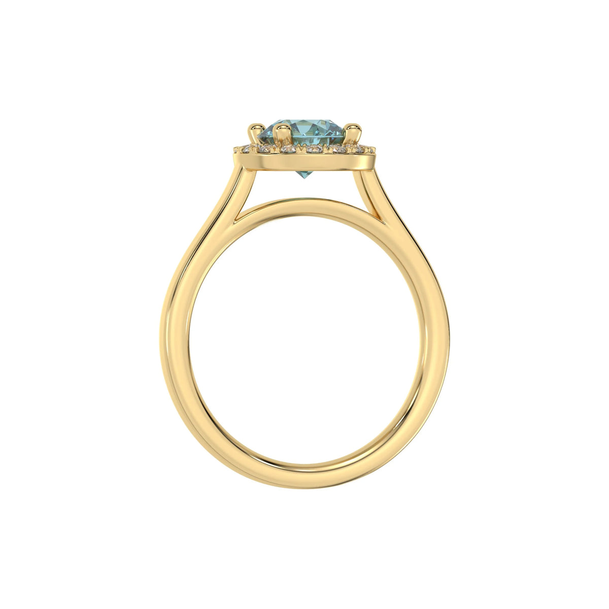 This yellow gold ring features a fancy Blue round solitaire diamond set in a four-prong setting in through finger view