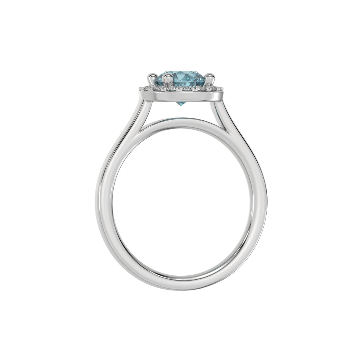 This white gold ring features a fancy Blue round solitaire diamond set in a four-prong setting in through finger view