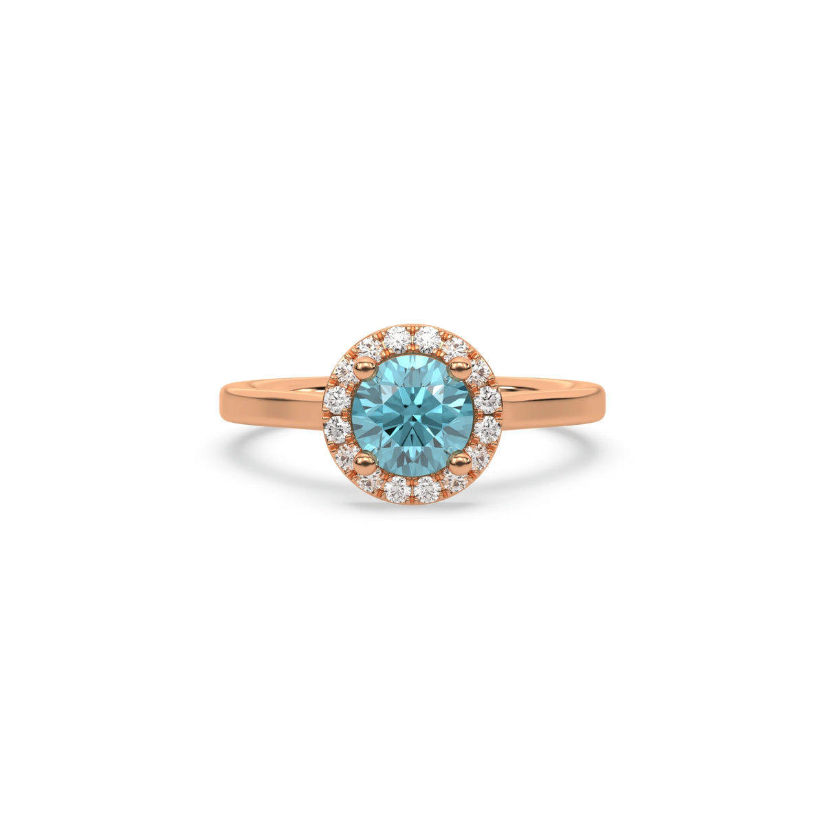 Blue Diamond Ring, Round Diamond Halo Engagement Ring, Gold Wedding Ring, Solitaire Engagement Ring, Promise Ring For Her