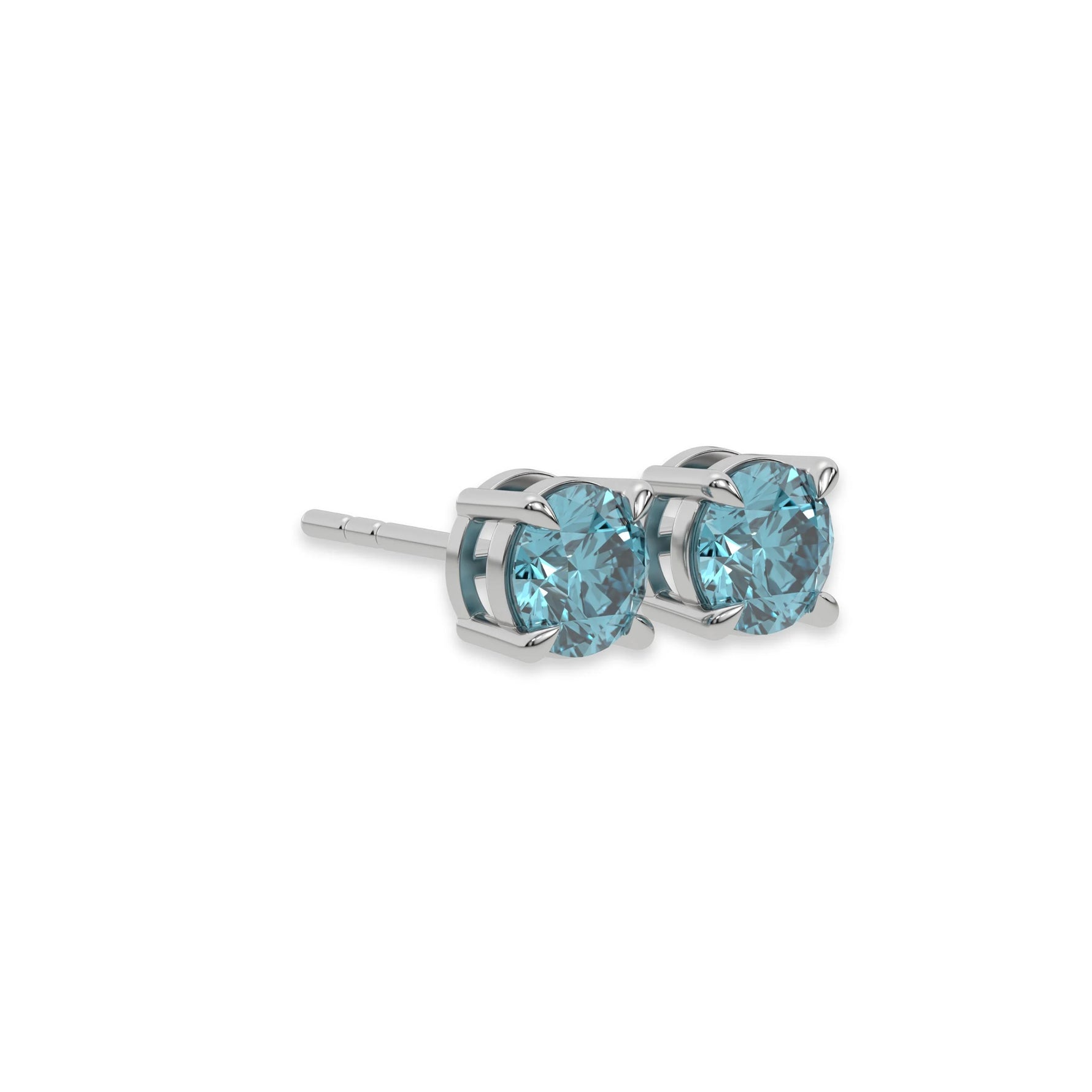 This white gold Classic Round Diamond Studs made with fancy blue round brilliant-cut diamonds set in a four prong setting in side view