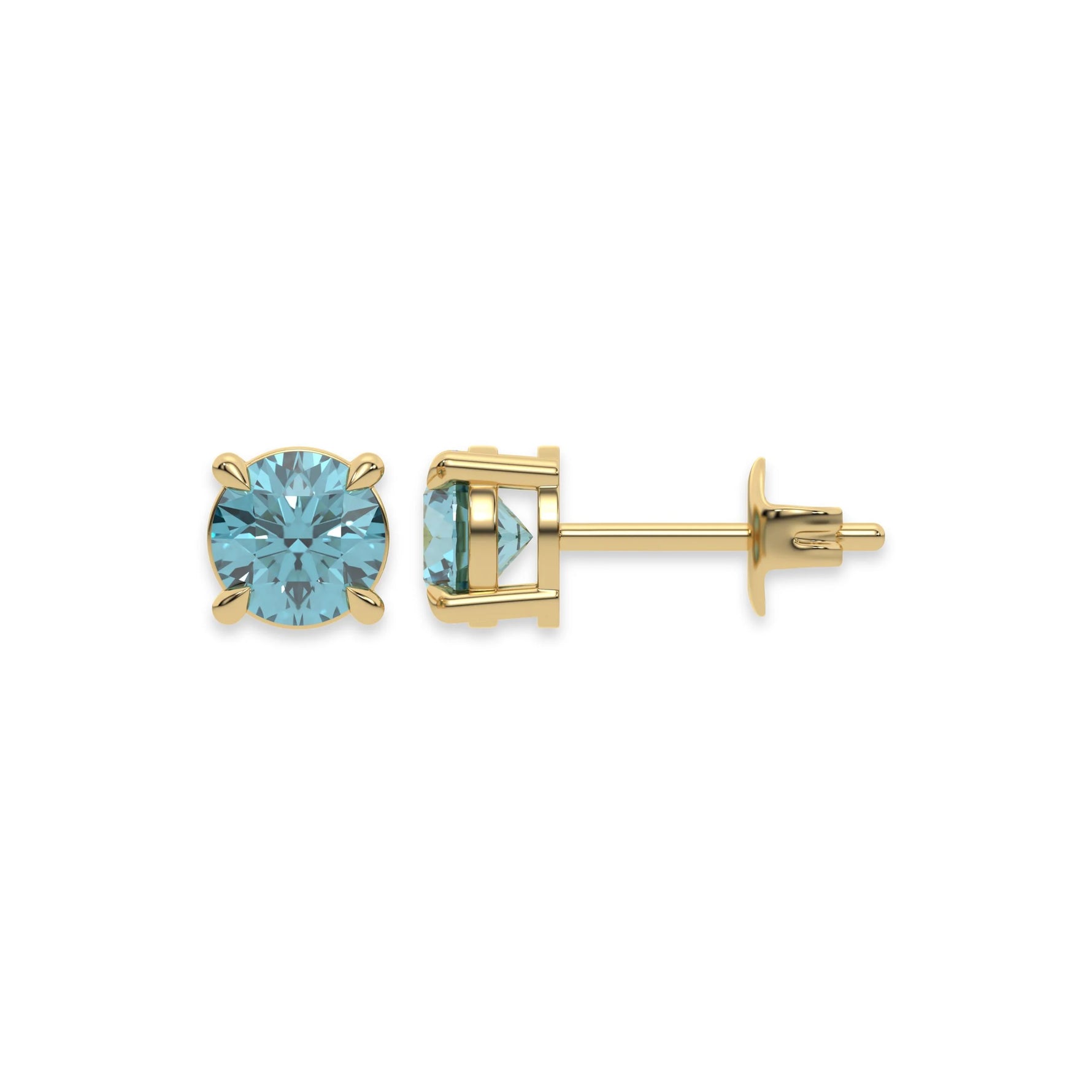 This yellow gold Classic Round Diamond Studs made with fancy blue round brilliant-cut diamonds set in a four prong setting in top view and side view