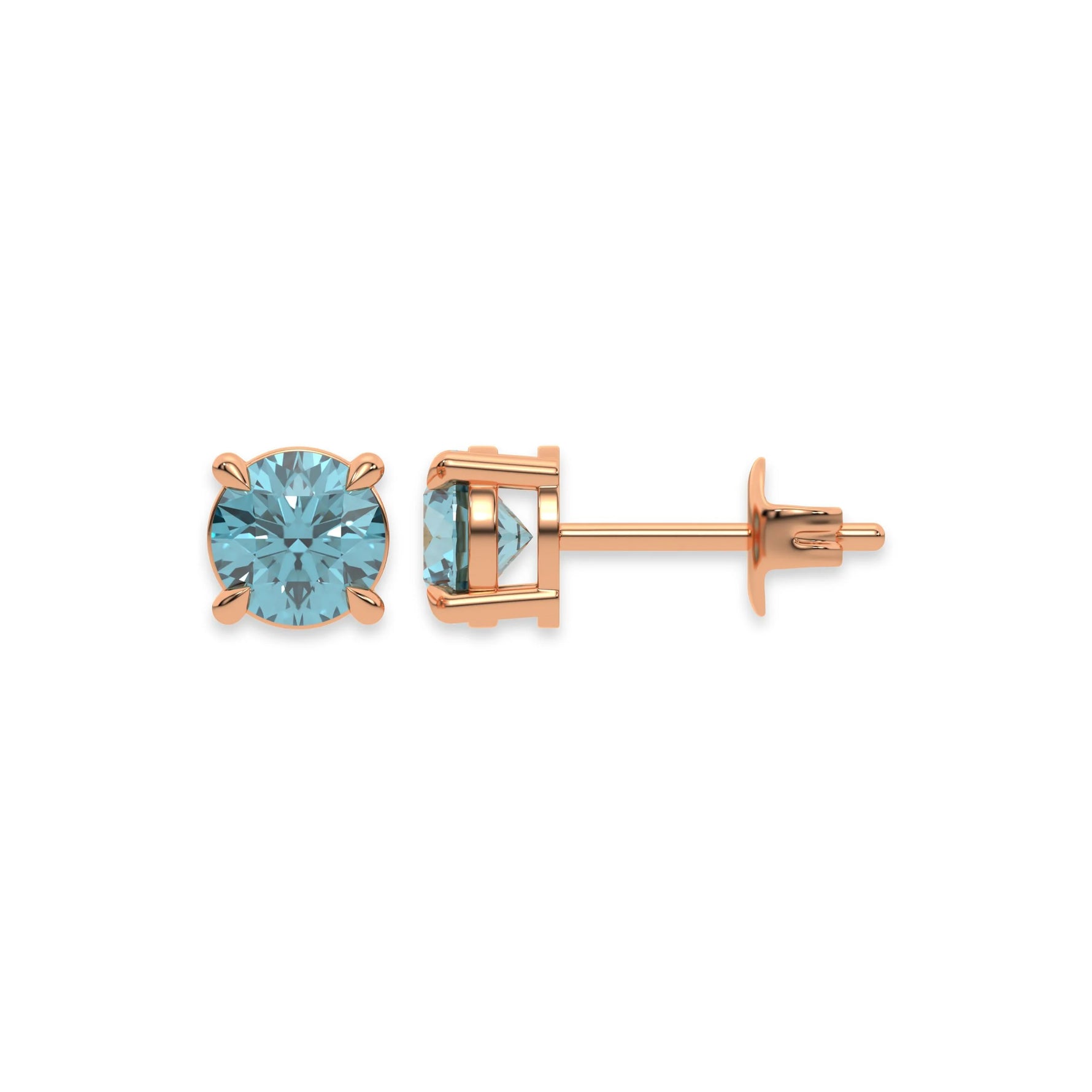 This rose gold Classic Round Diamond Studs made with fancy blue round brilliant-cut diamonds set in a four prong setting in top view and side view