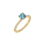 This yellow gold ring is made with a fancy Blue cushion solitaire diamond set in four-prong setting in 3D view