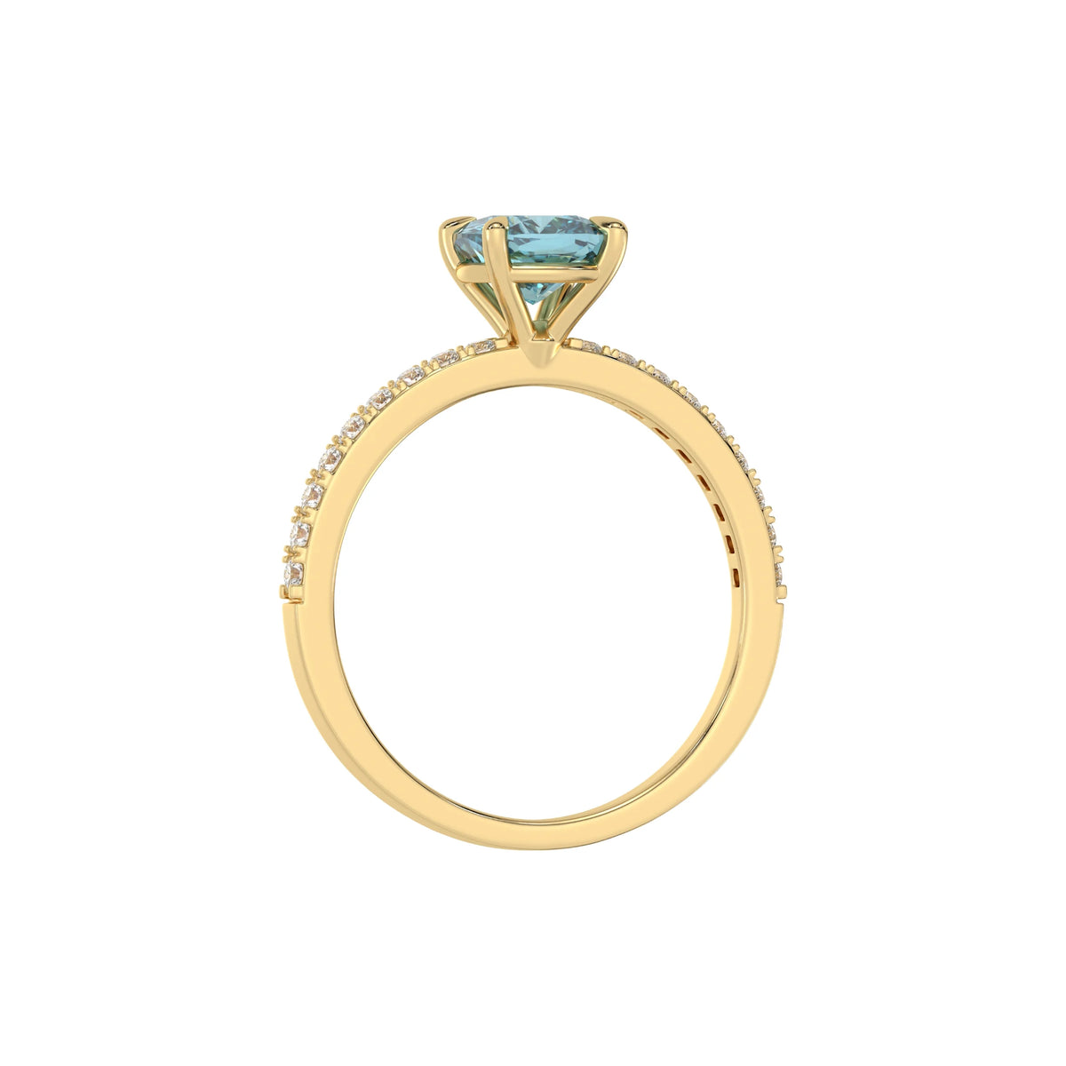 This yellow gold ring displayed in through finger view is made with a cushion solitaire diamond set in four-prong setting