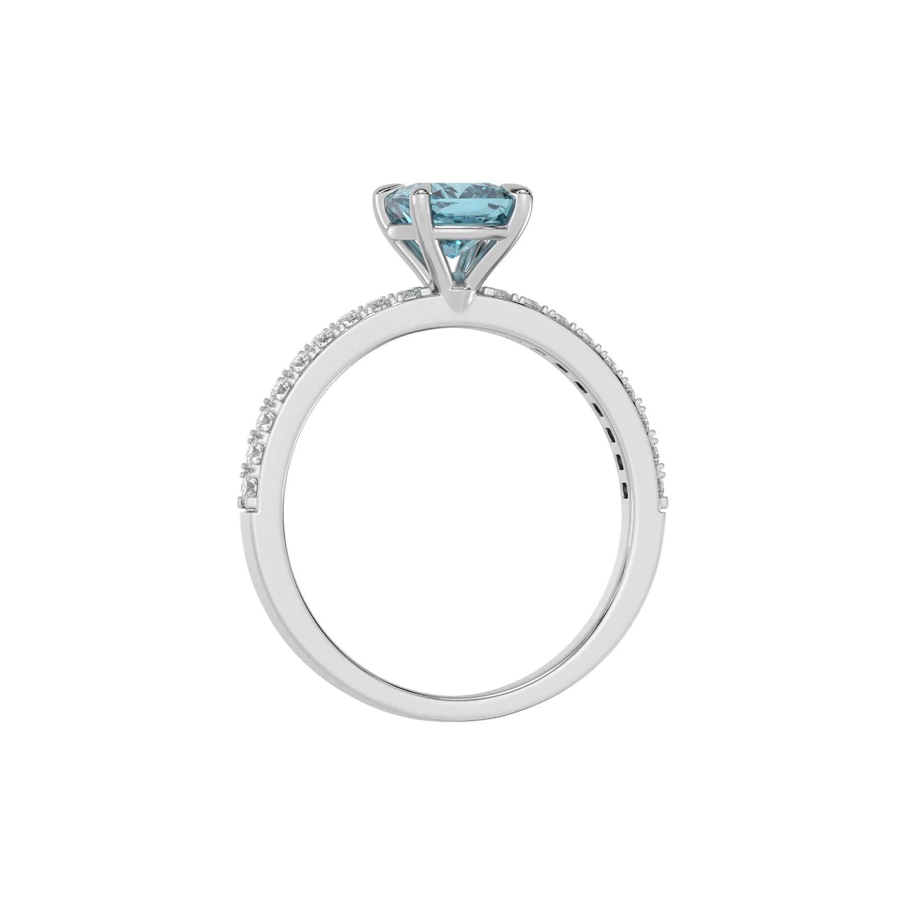 This white gold ring is made with a fancy Blue cushion solitaire diamond set in four-prong setting in through finger view